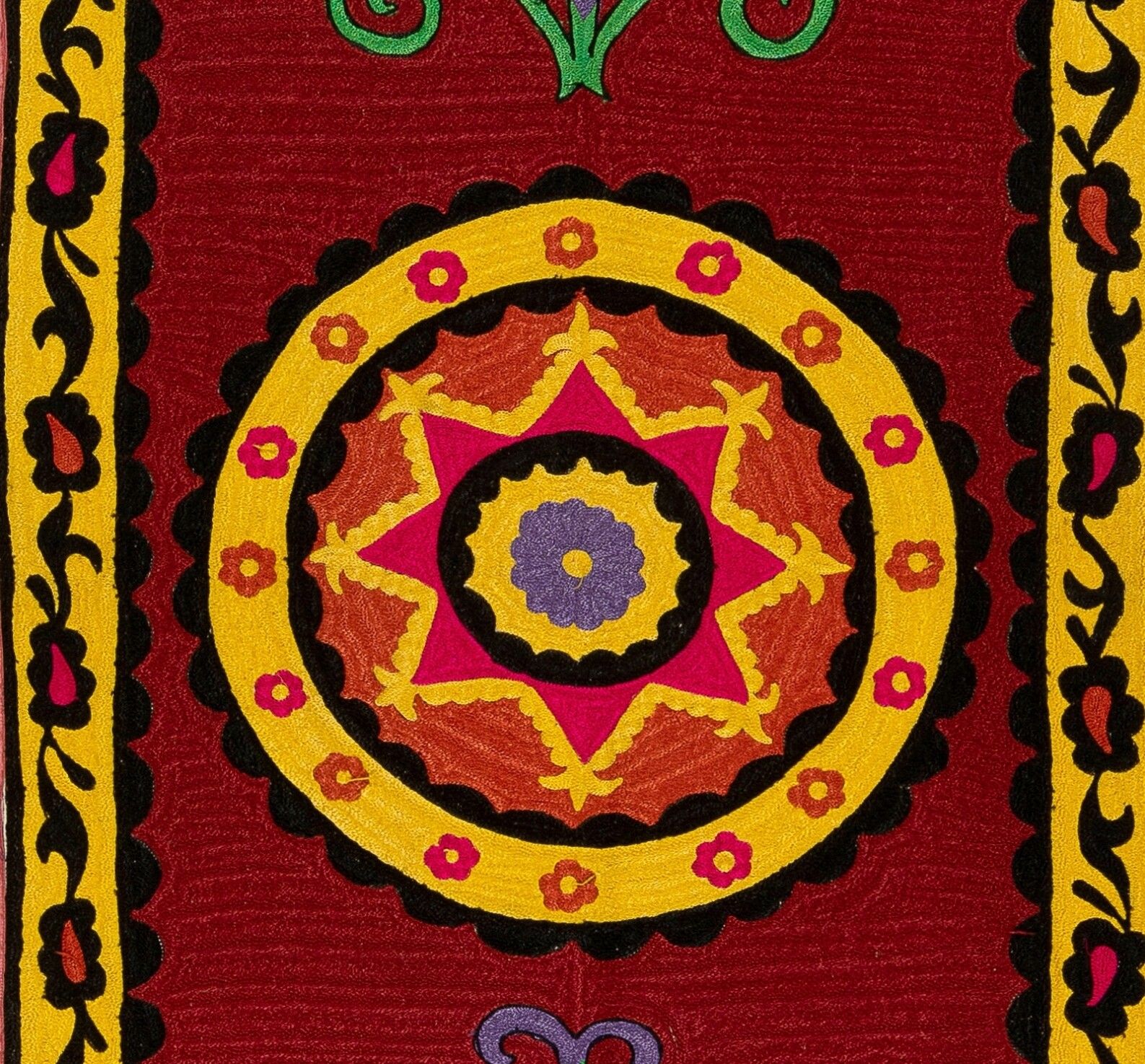 2.3x7.4 Ft Uzbek Suzani Textile. Embroidered Silk And Cotton Wall Hanging photo Art