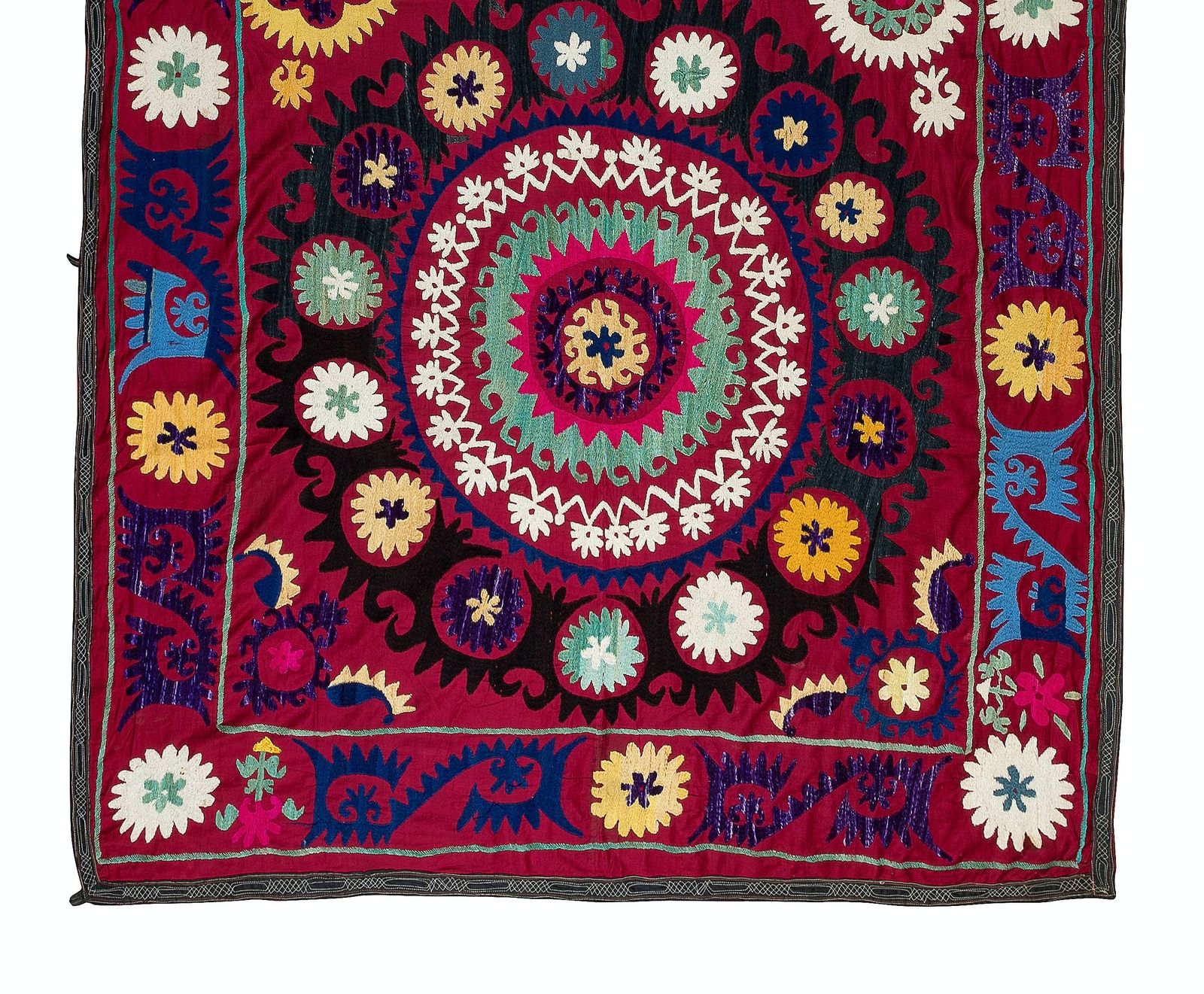 4.7x7.7 Ft Vintage Silk Hand Embroidery Bed Cover, Asian Suzani Wall Hanging photo for sale