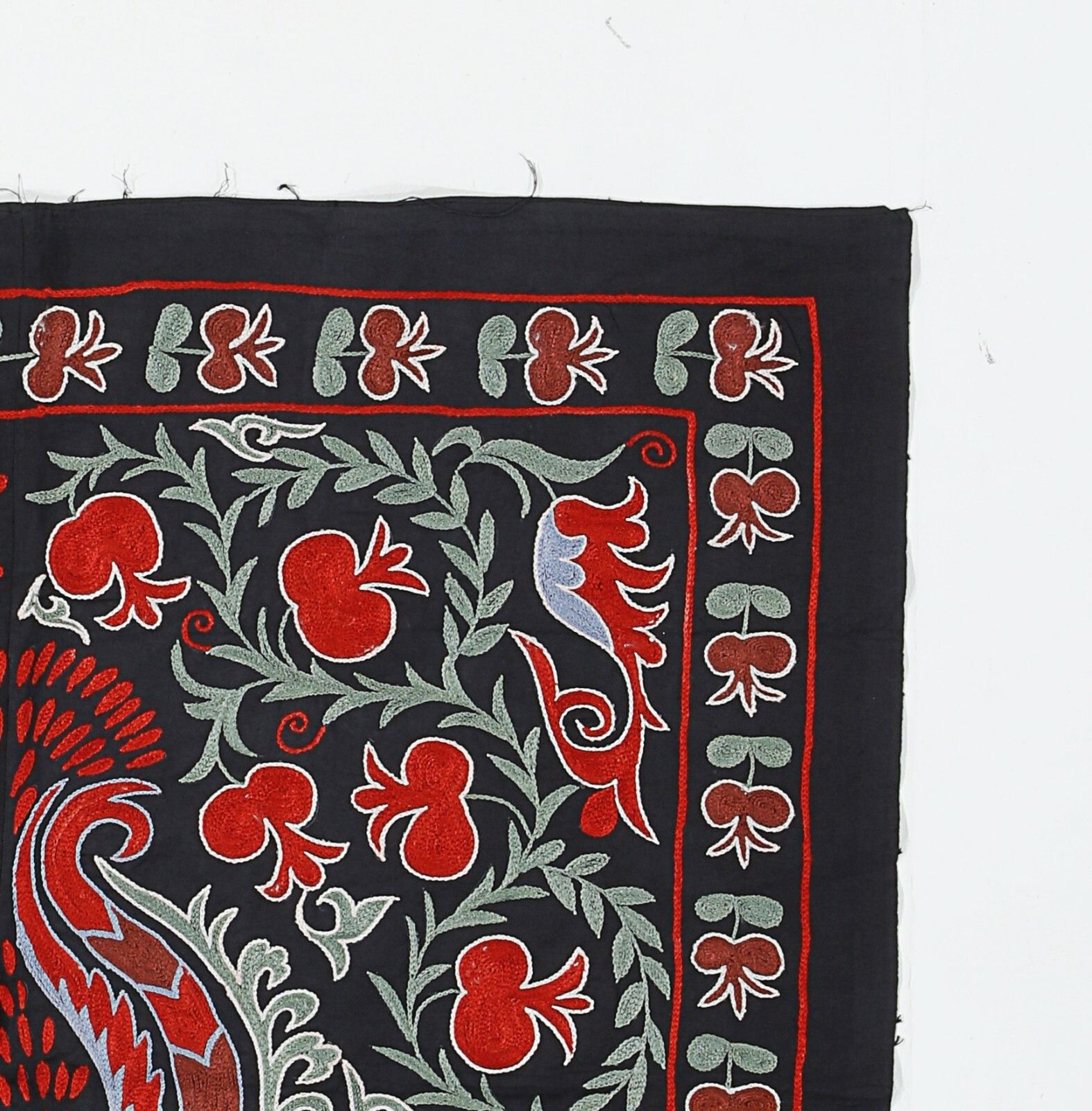 3'x3' Tashkent Embroidered Wall Hanging, Vintage Tablecloth In Black, Green, Red photo for sale