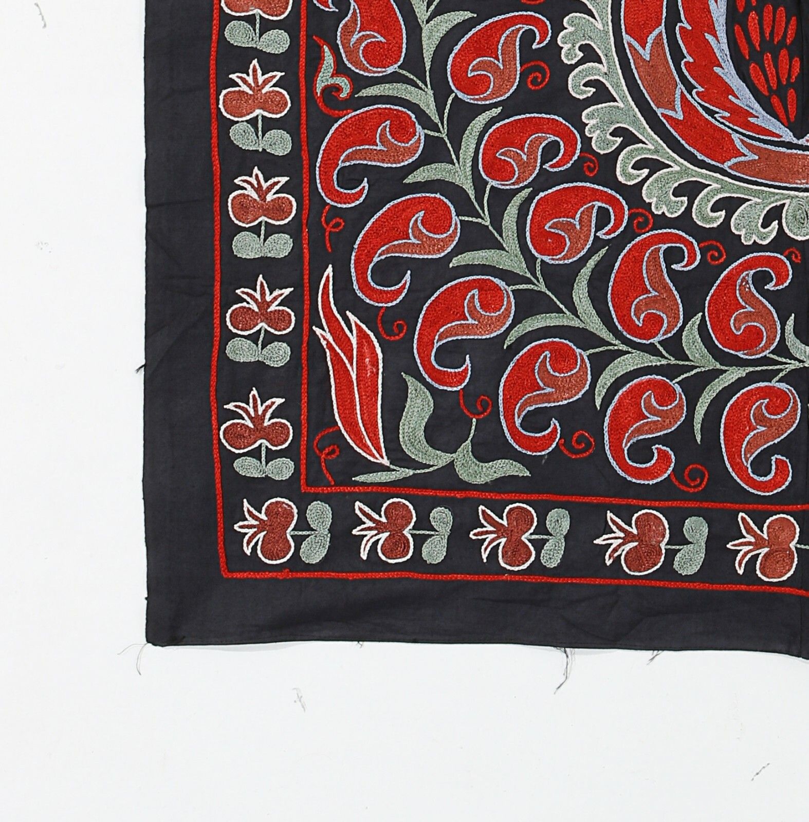 3'x3' Tashkent Embroidered Wall Hanging, Vintage Tablecloth In Black, Green, Red photo Art