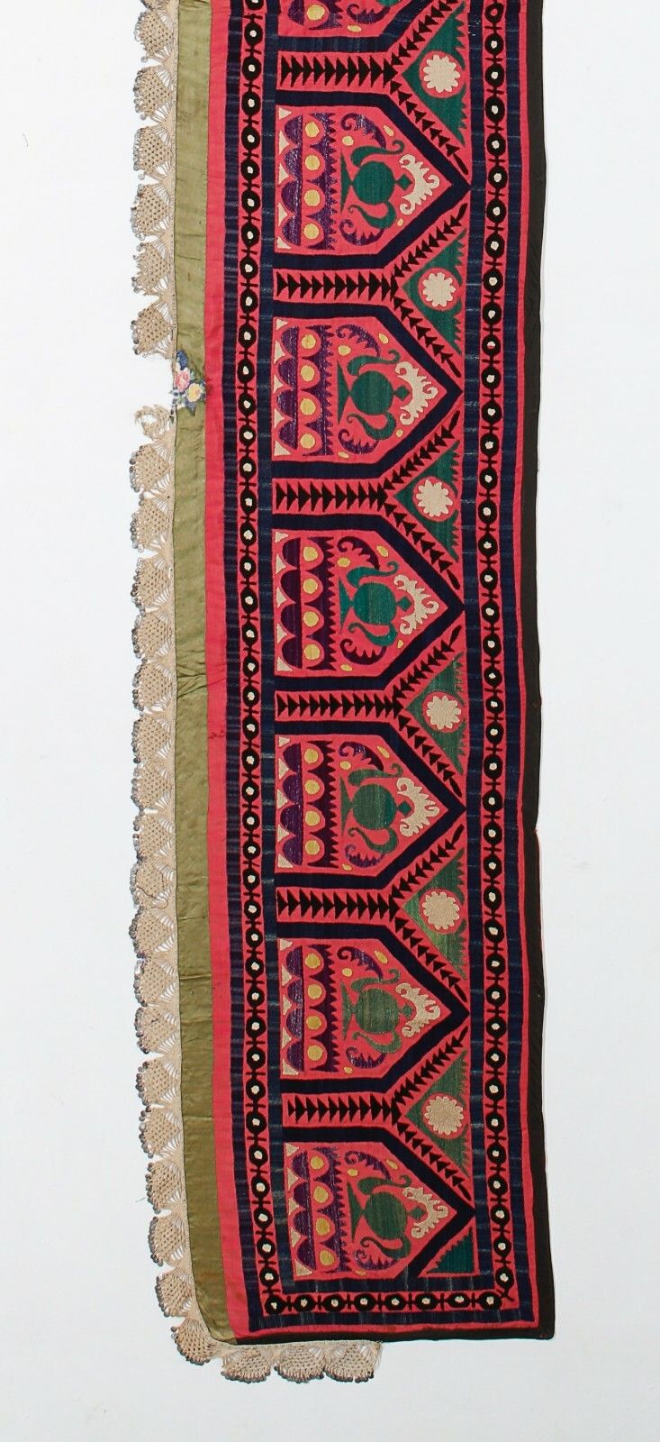 1.7x12.2 Ft Vintage Asian Suzani Textile, Embroidered Silk & Cotton Wall Hanging photo for sale