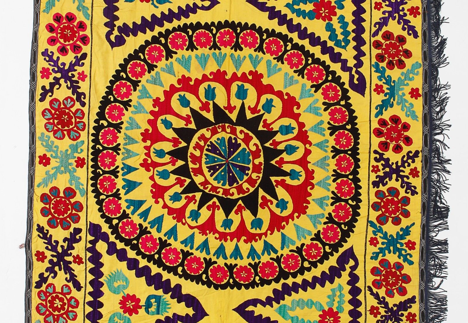 4.7x10.5 Ft Handmade Suzani Wall Hanging In Yellow, Silk Embroidery Table Runner photo furniture