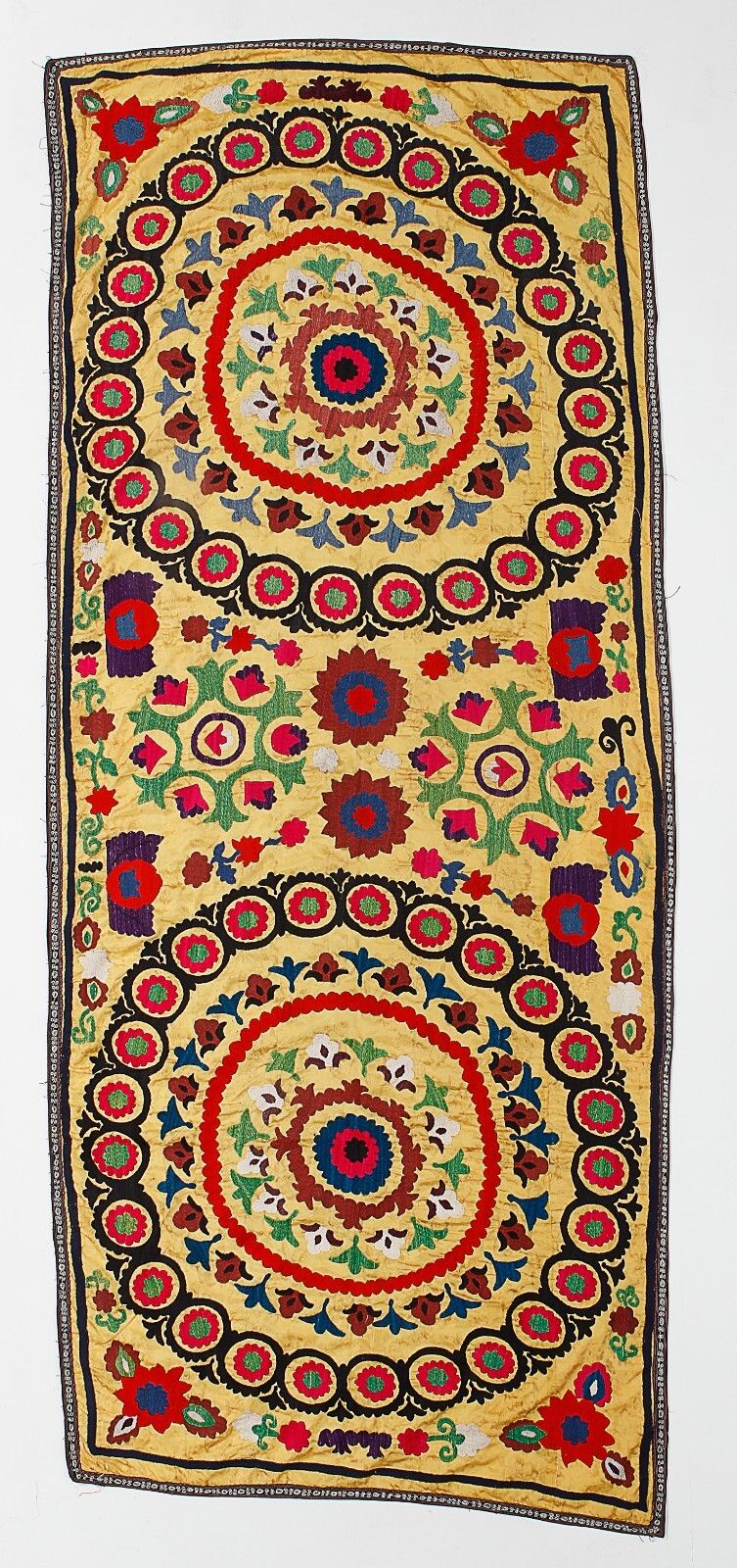 3.8x9 F Embroidered Wall Hanging. Boho Wall Decor. Suzani Table Runner In Yellow