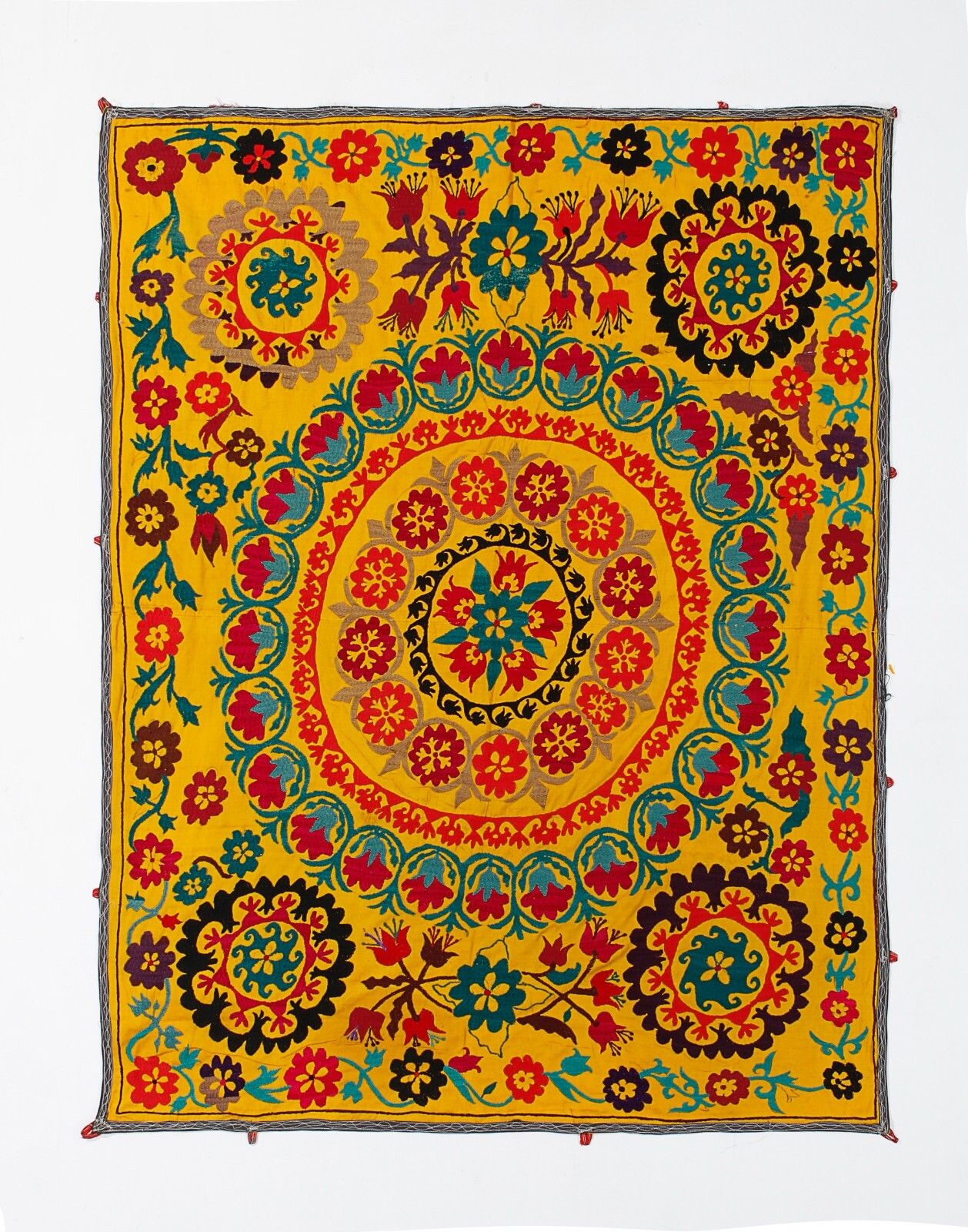 4.5x6 Ft Asian Suzani Textile. Embroidered Cotton & Silk Bed Cover, Wall Hanging