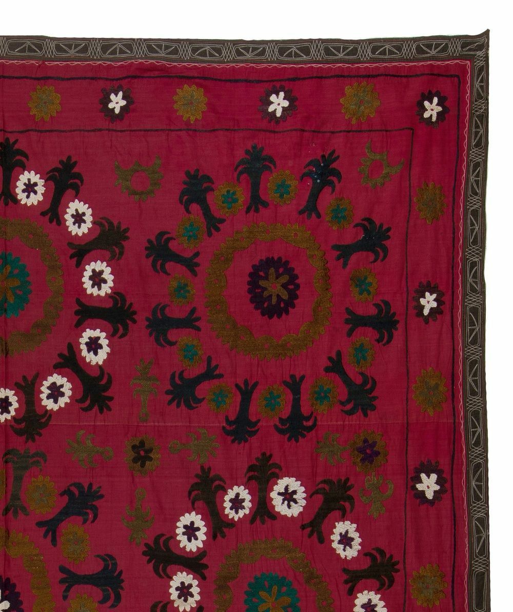 7x7.4 Ft Central Asian Suzani Textile. Embroidered Cotton & Silk Bed Cover photo for sale