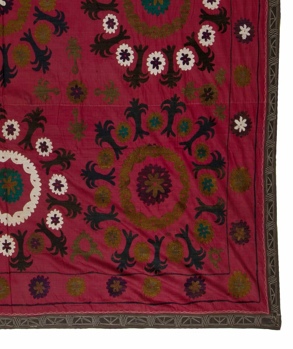 7x7.4 Ft Central Asian Suzani Textile. Embroidered Cotton & Silk Bed Cover photo 717.0
