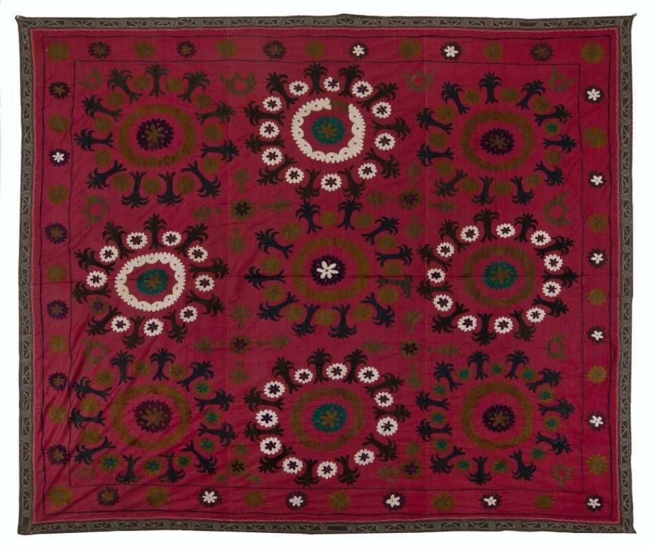 7x7.4 Ft Central Asian Suzani Textile. Embroidered Cotton & Silk Bed Cover photo vinterior