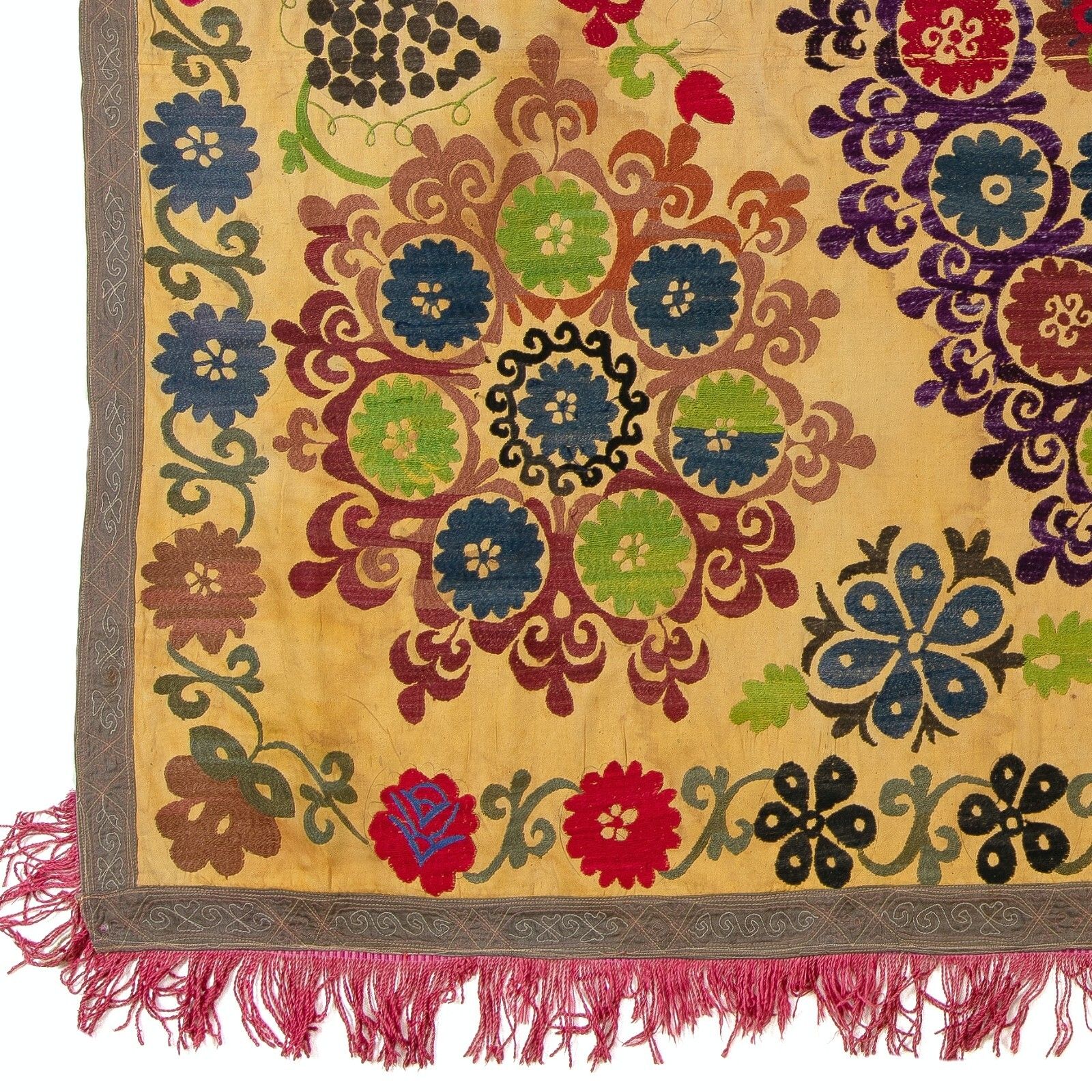 5x8 Ft Suzani 1979s Tapestry, Silk Embroidered Wall Hanging, Yellow Bedspread photo for sale