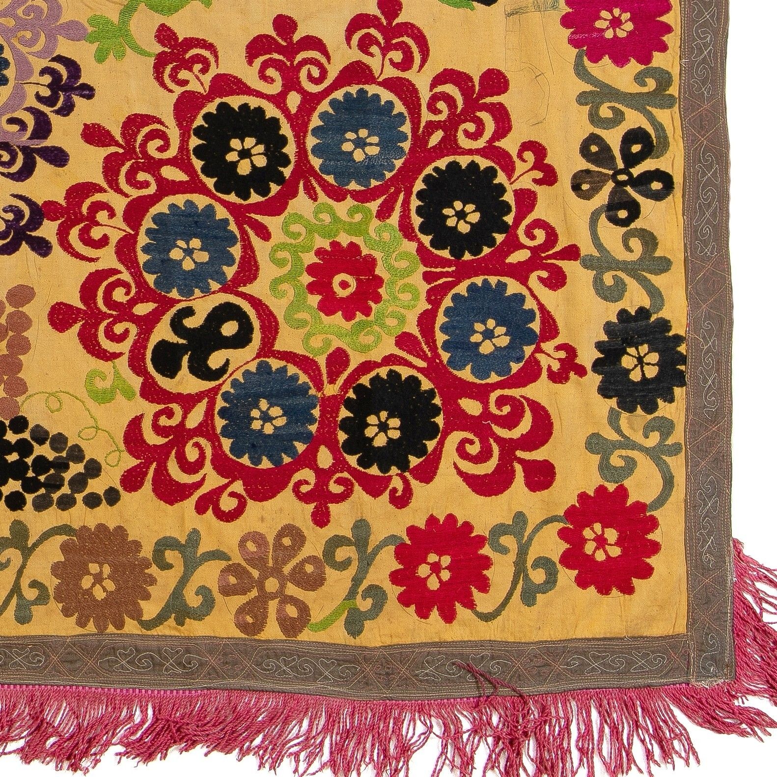 5x8 Ft Suzani 1979s Tapestry, Silk Embroidered Wall Hanging, Yellow Bedspread photo vinterior