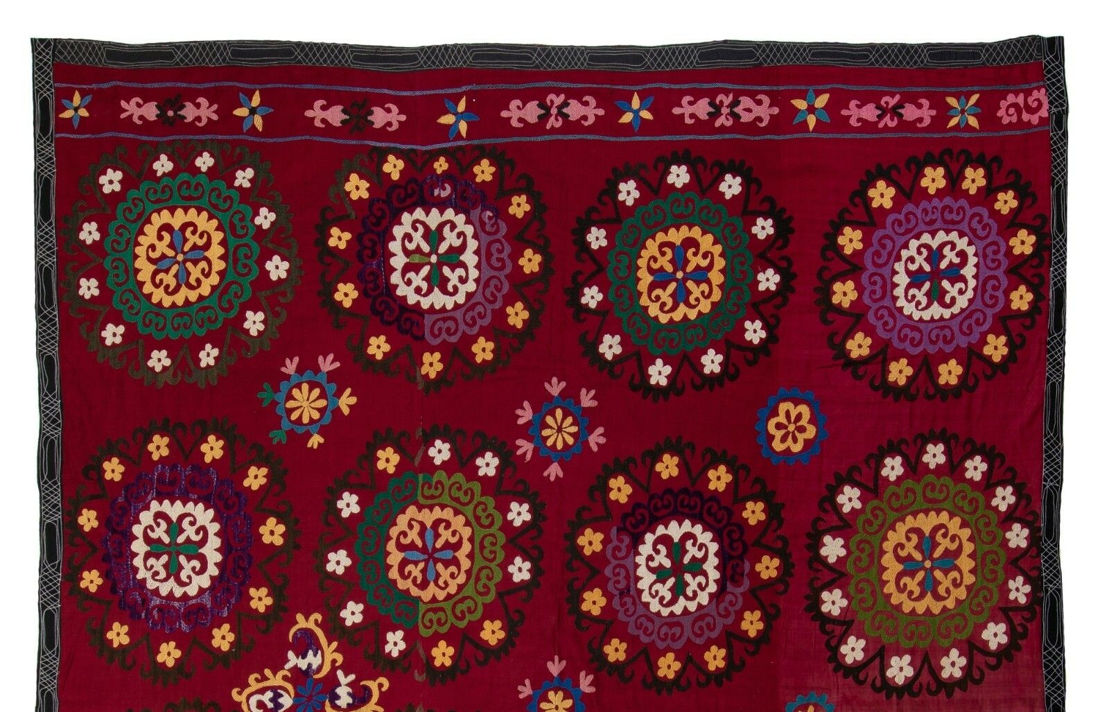 6.8x7.8 Ft Central Asian Suzani Textile. Embroidered Cotton & Silk Bed Cover photo furniture