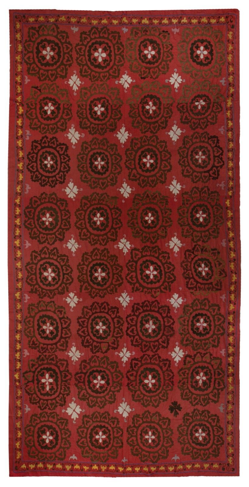 6.5x12.3 Ft Central Asian Suzani Textile. Embroidered Cotton & Silk Bed Cover