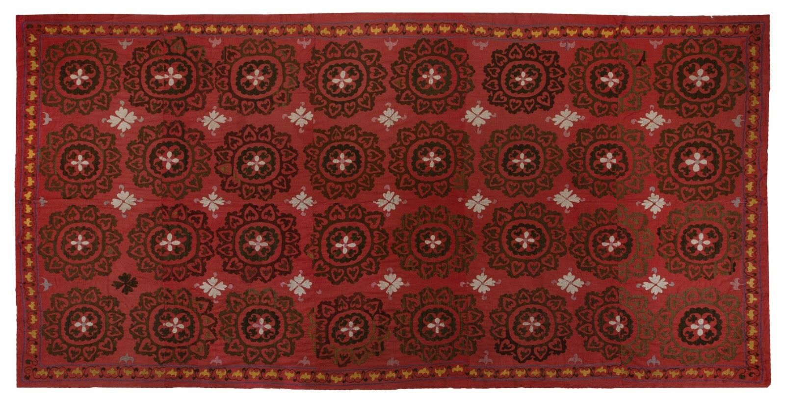 6.5x12.3 Ft Central Asian Suzani Textile. Embroidered Cotton & Silk Bed Cover photo 865.0