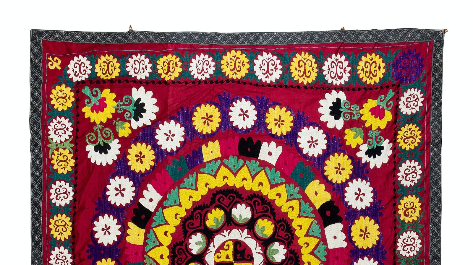 6x6.3 Ft Vintage Silk Embroidery Bedspread, Central Asian Suzani Tablecloth photo furniture