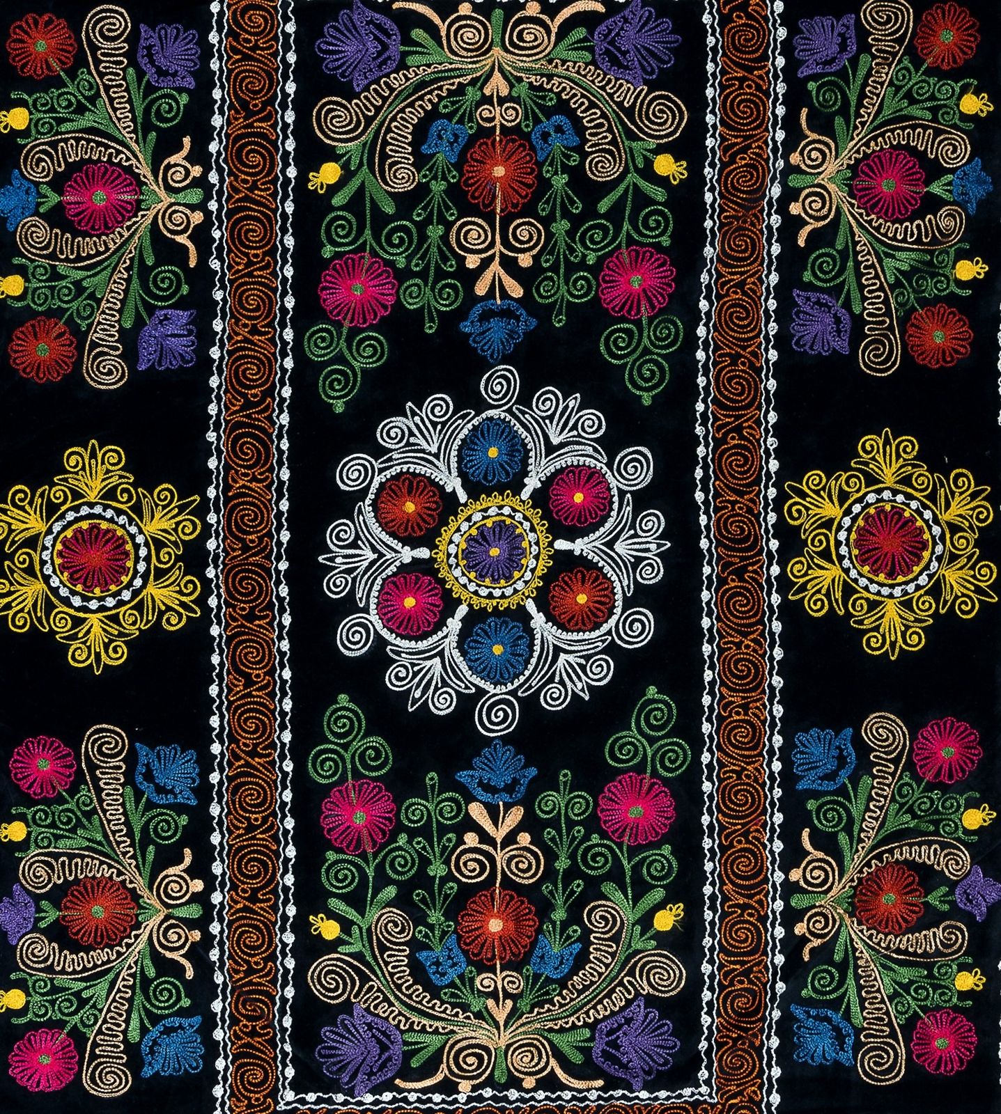 4.5x6.8 Ft Vintage Silk Hand Embroidery Bed Cover, Uzbek Suzani Wall Hanging photo Art