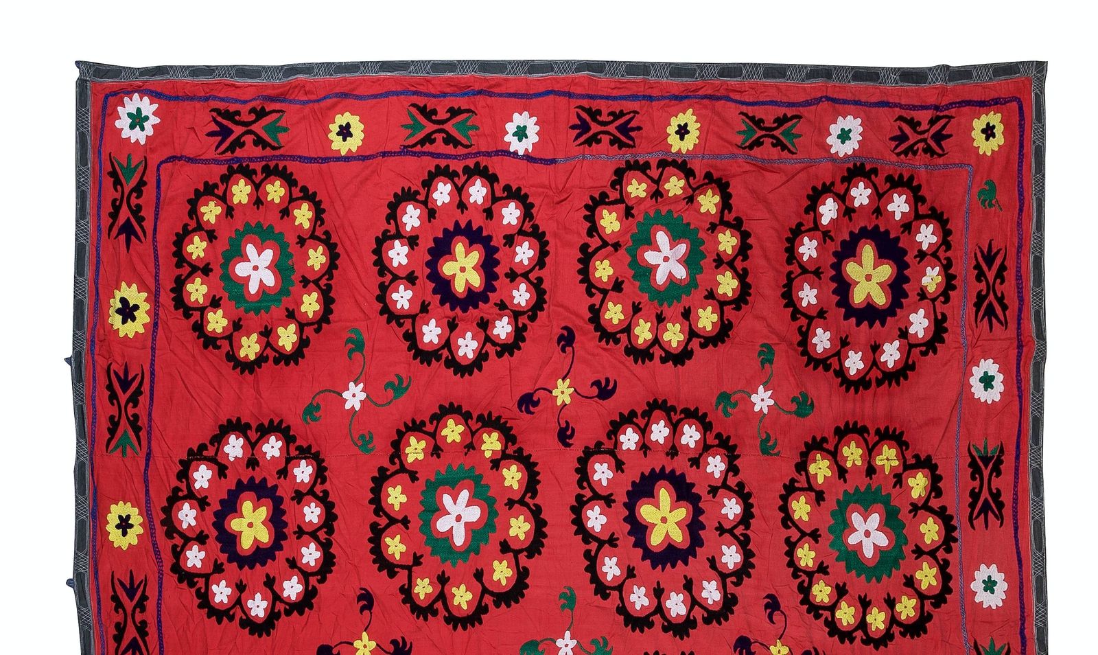 7.9x7.9 Ft Vintage Silk Hand Embroidery Bed Cover, Uzbek Suzani Wall Hanging photo furniture