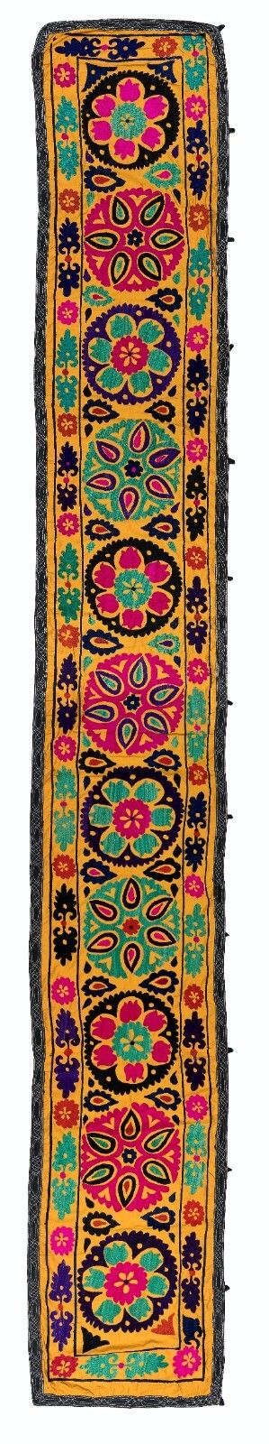 2x14.6 Ft Vintage Silk Hand Embroidery Wall Hanging, Yellow Suzani Table Runner