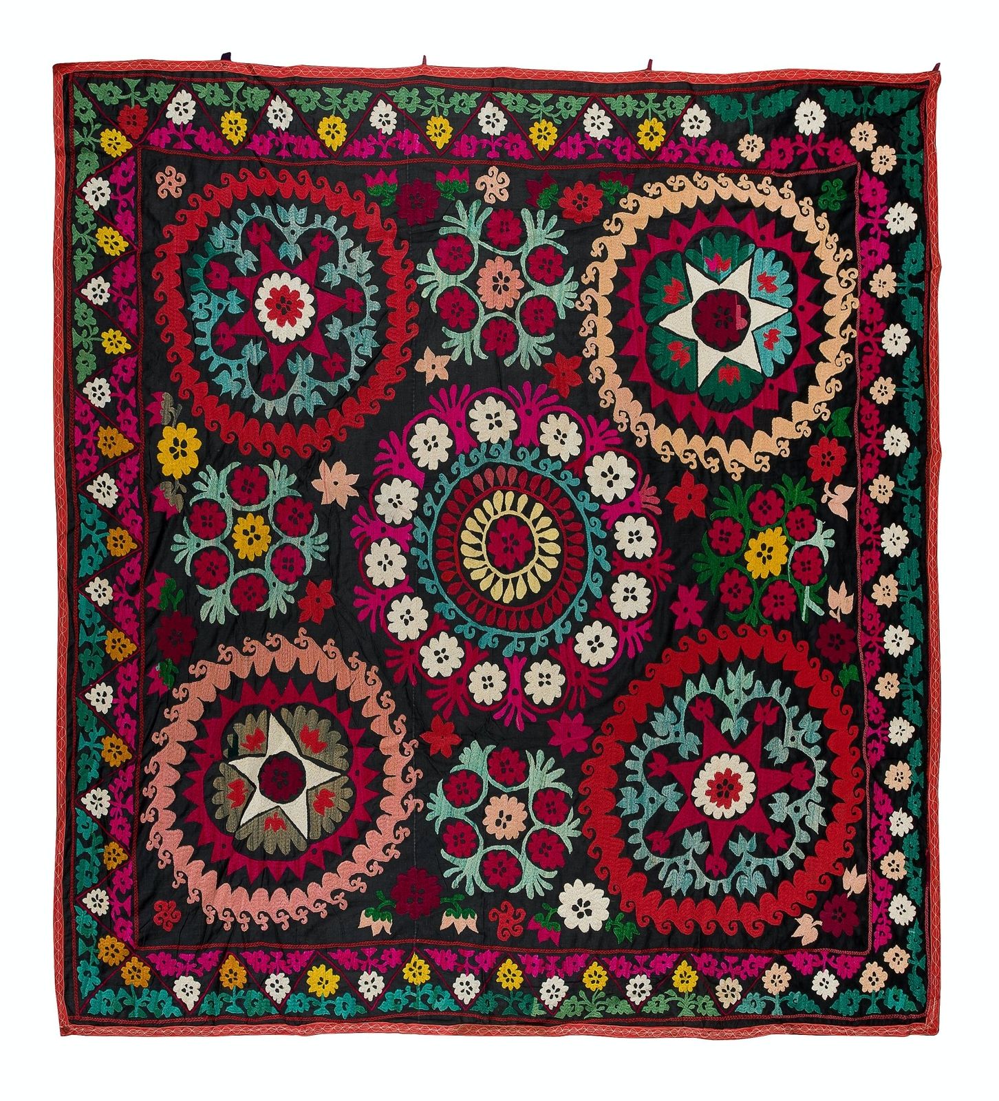 6x6 Ft Vintage Silk Hand Embroidery Bed Cover, Central Asian Suzani Wall Hanging