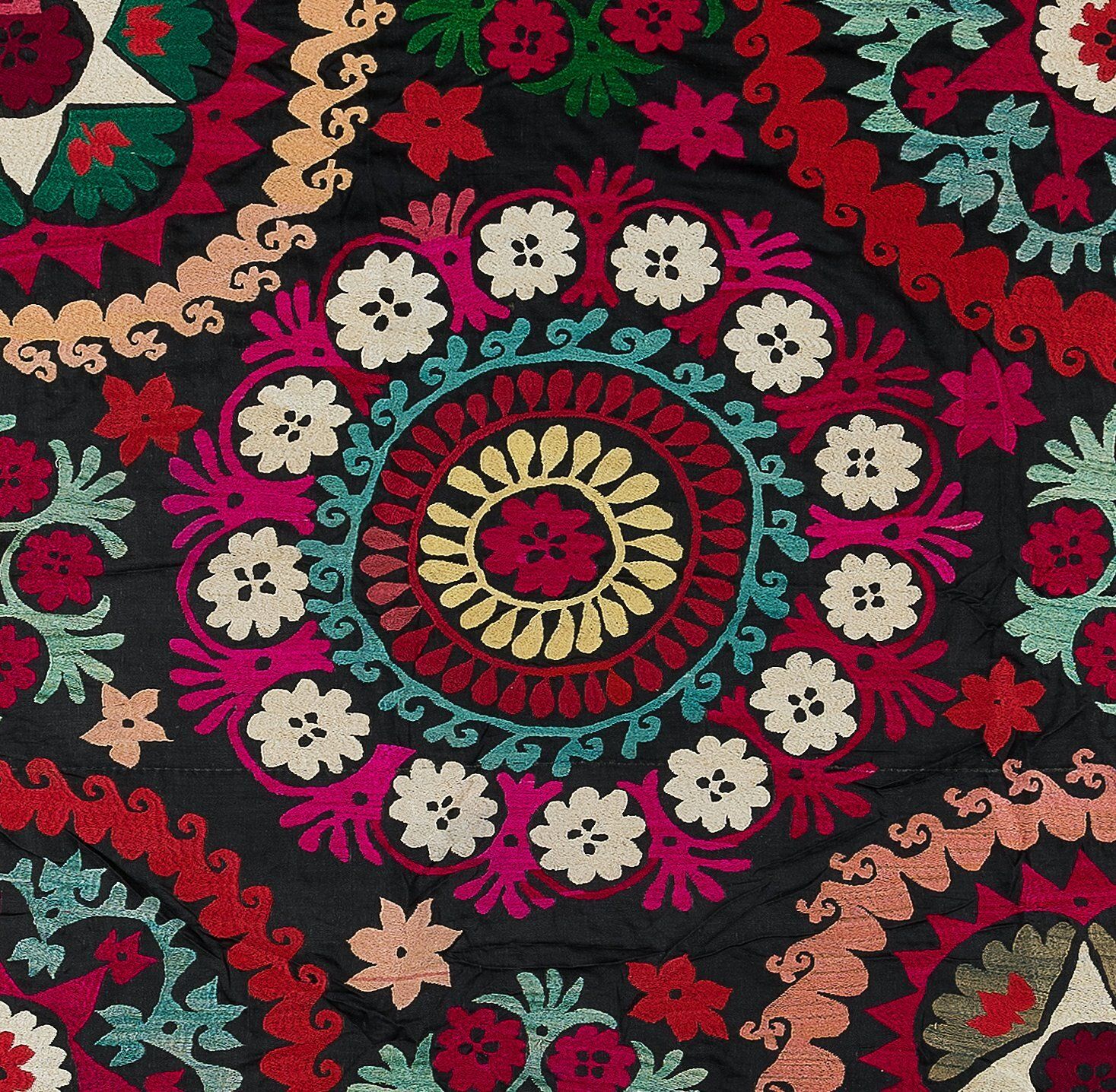 6x6 Ft Vintage Silk Hand Embroidery Bed Cover, Central Asian Suzani Wall Hanging photo Art