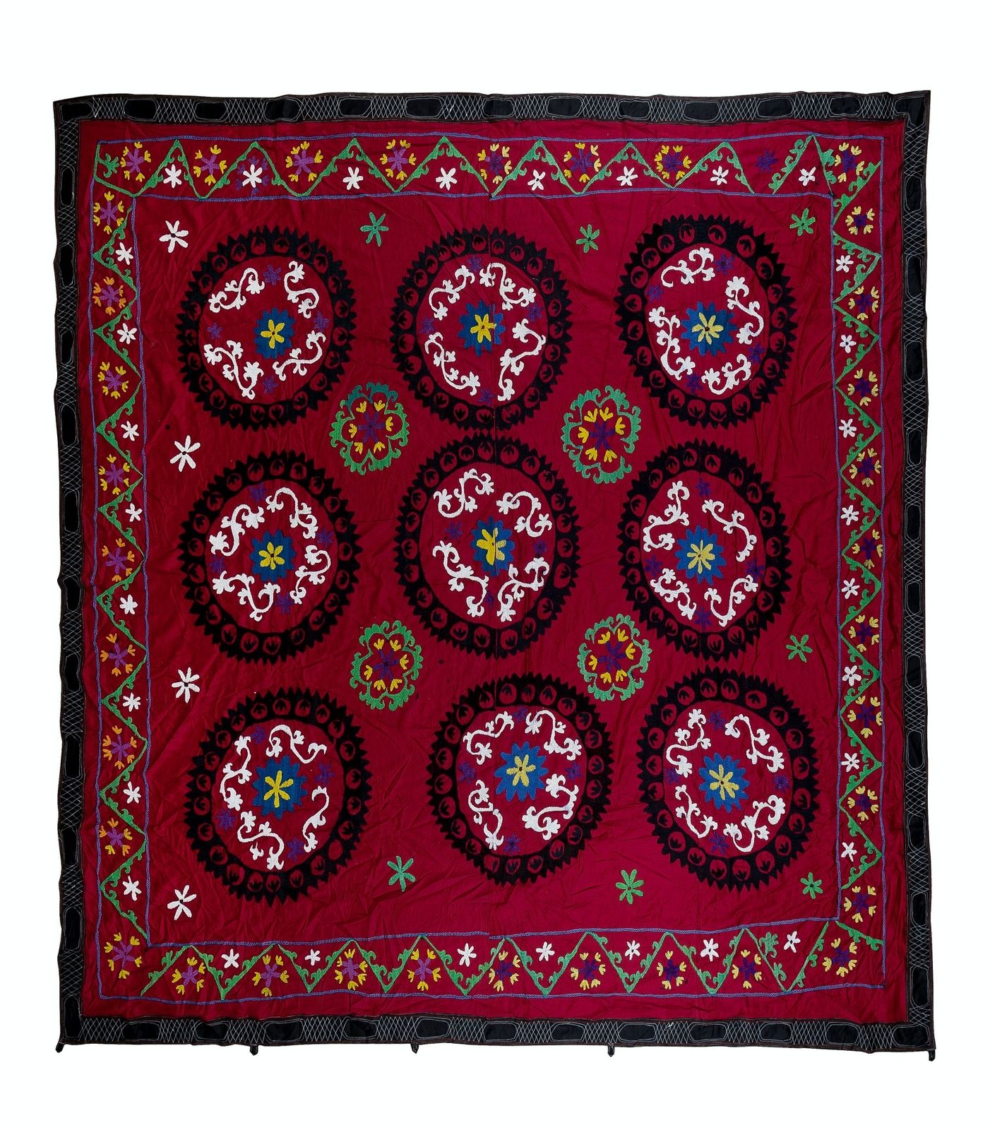 8.3x8.3 Ft Vintage Silk Hand Embroidery Bed Cover, Uzbek Suzani Wall Hanging