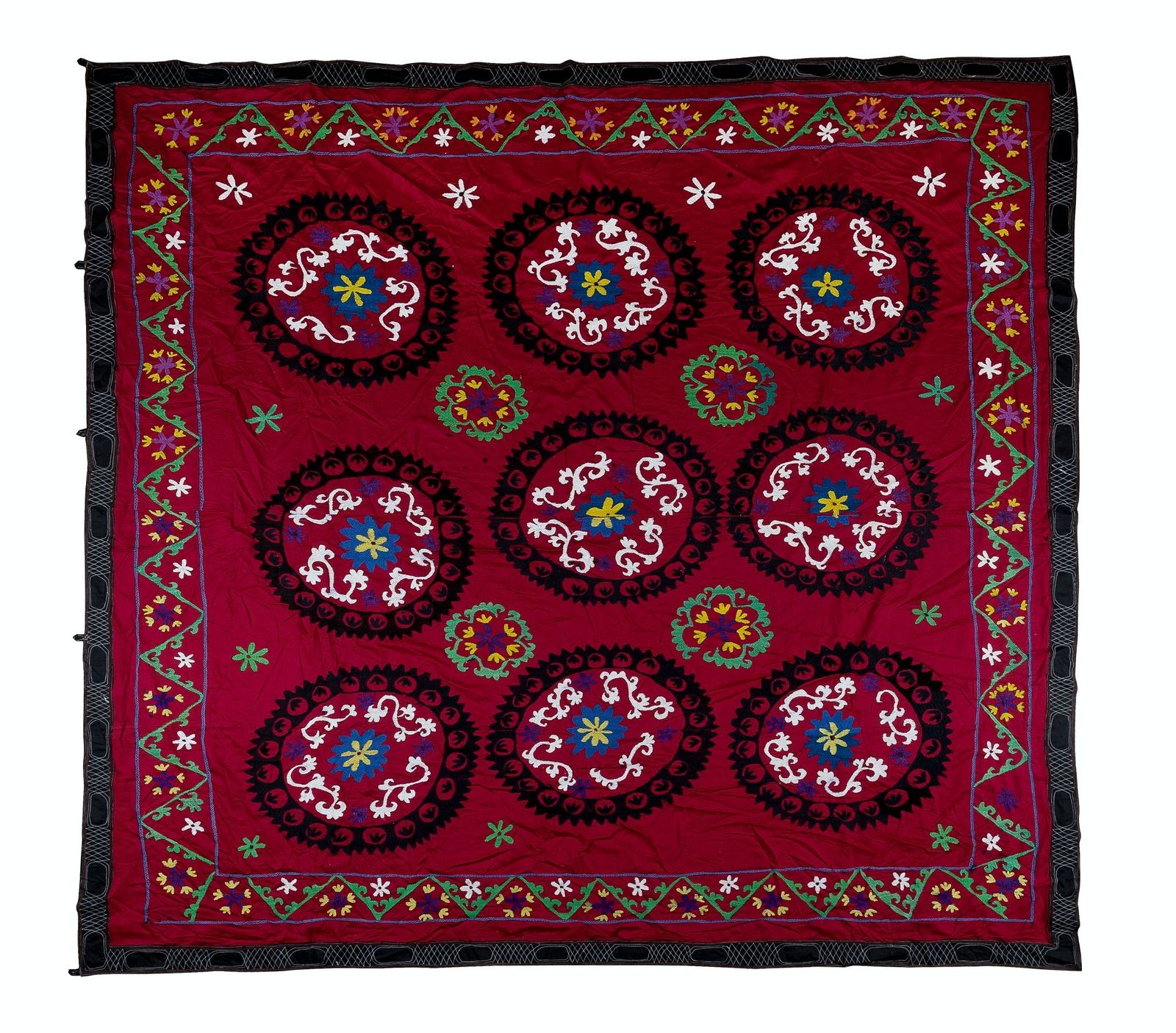 8.3x8.3 Ft Vintage Silk Hand Embroidery Bed Cover, Uzbek Suzani Wall Hanging photo 714.0