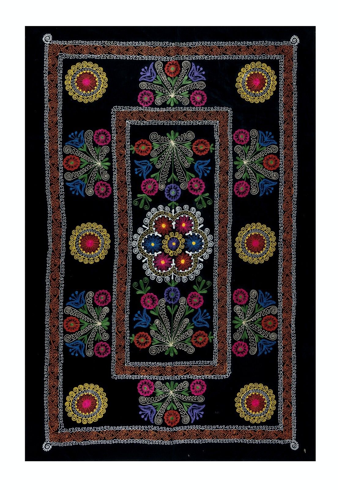 4.6x6.7 Ft Vintage Silk Hand Embroidery Bed Cover, Uzbek Suzani Wall Hanging