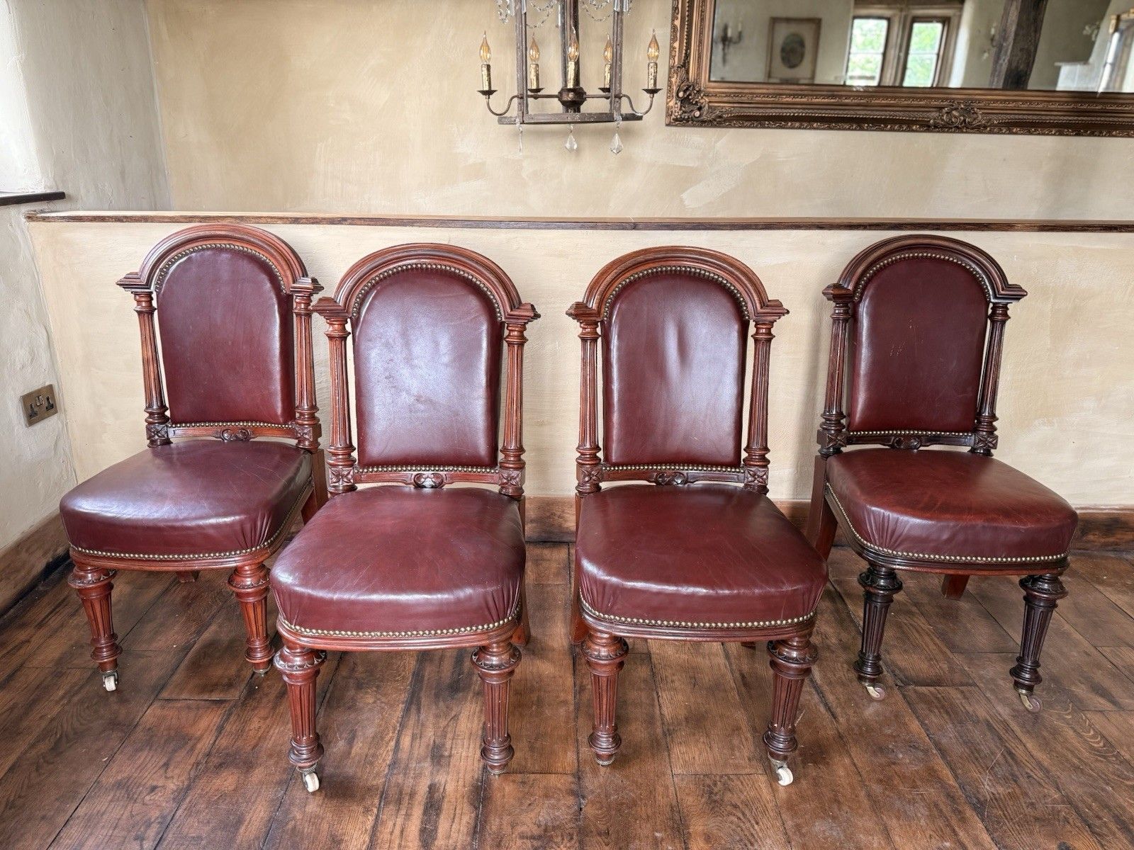 Set  4 Antique Red Aniline Red Leather Dining Chairs Manner Gillows Circa 1860 photo Furniture