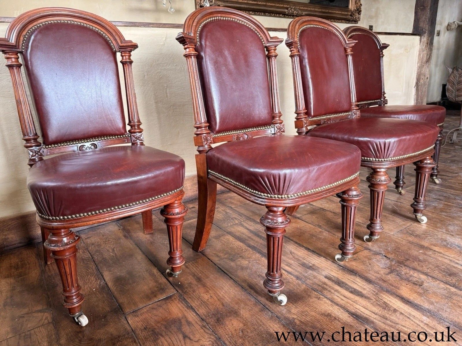 Set  4 Antique Red Aniline Red Leather Dining Chairs Manner Gillows Circa 1860 photo vinterior
