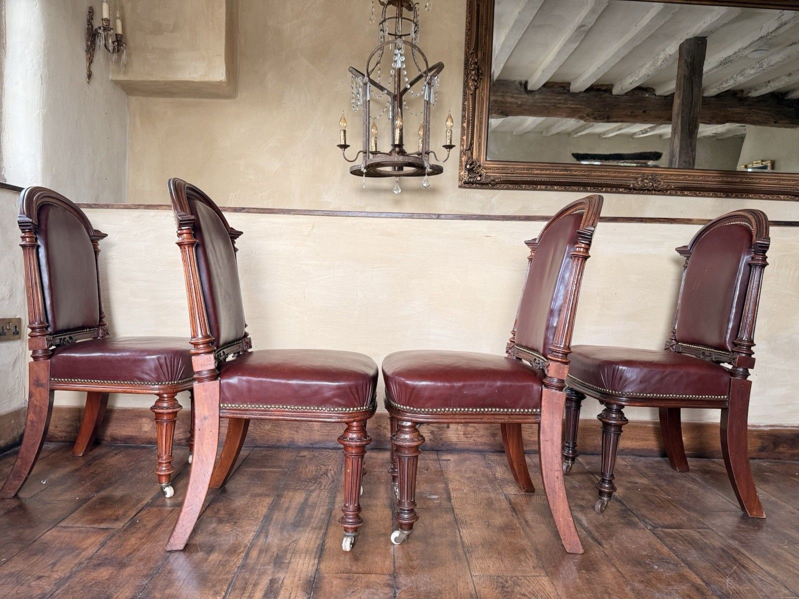 Set  4 Antique Red Aniline Red Leather Dining Chairs Manner Gillows Circa 1860 photo vintage