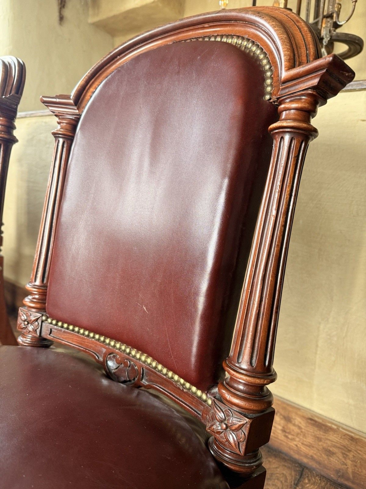 999.0 Set  4 Antique Red Aniline Red Leather Dining Chairs Manner Gillows Circa 1860 photo
