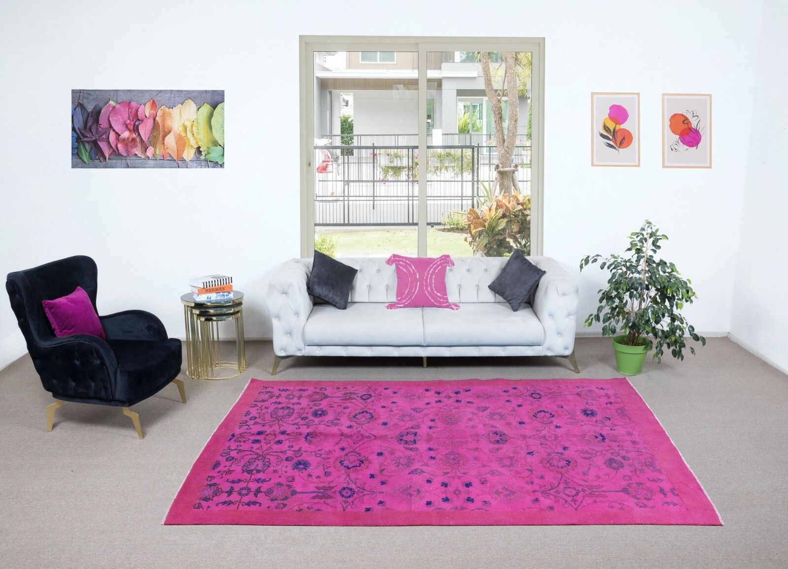 6.5x9 Ft Hand Made Turkish Pink Rug With Botanical Garden Design & Solid Border photo furniture