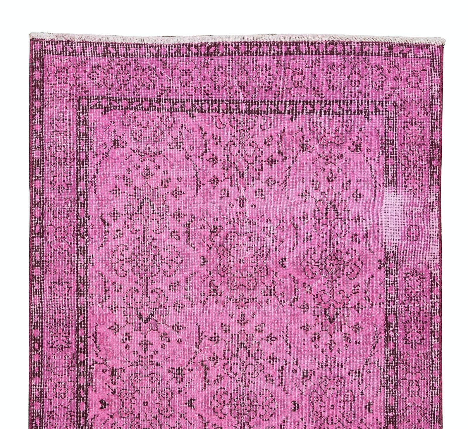 3.8x7 Ft Pink Over Dyed Rug, Floral Turkish Vintage Hand Knotted Small Carpet photo Textiles