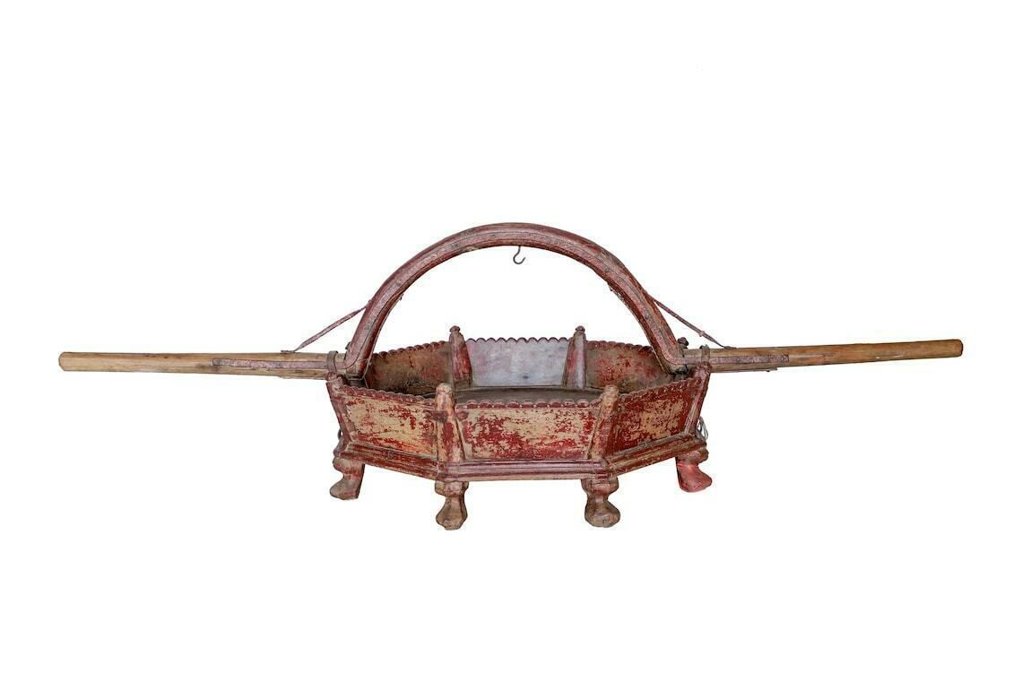 Antique Painted Teakwood Palkhi From Gujarat, 1900 – Hand Carved Palanquin For Temple Processions With Original Red Finish photo buy