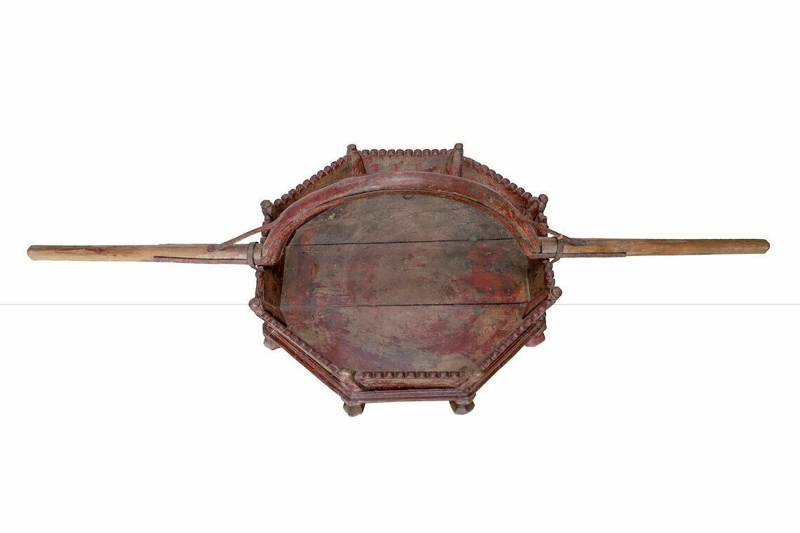 Antique Painted Teakwood Palkhi From Gujarat, 1900 – Hand Carved Palanquin For Temple Processions With Original Red Finish photo vintage
