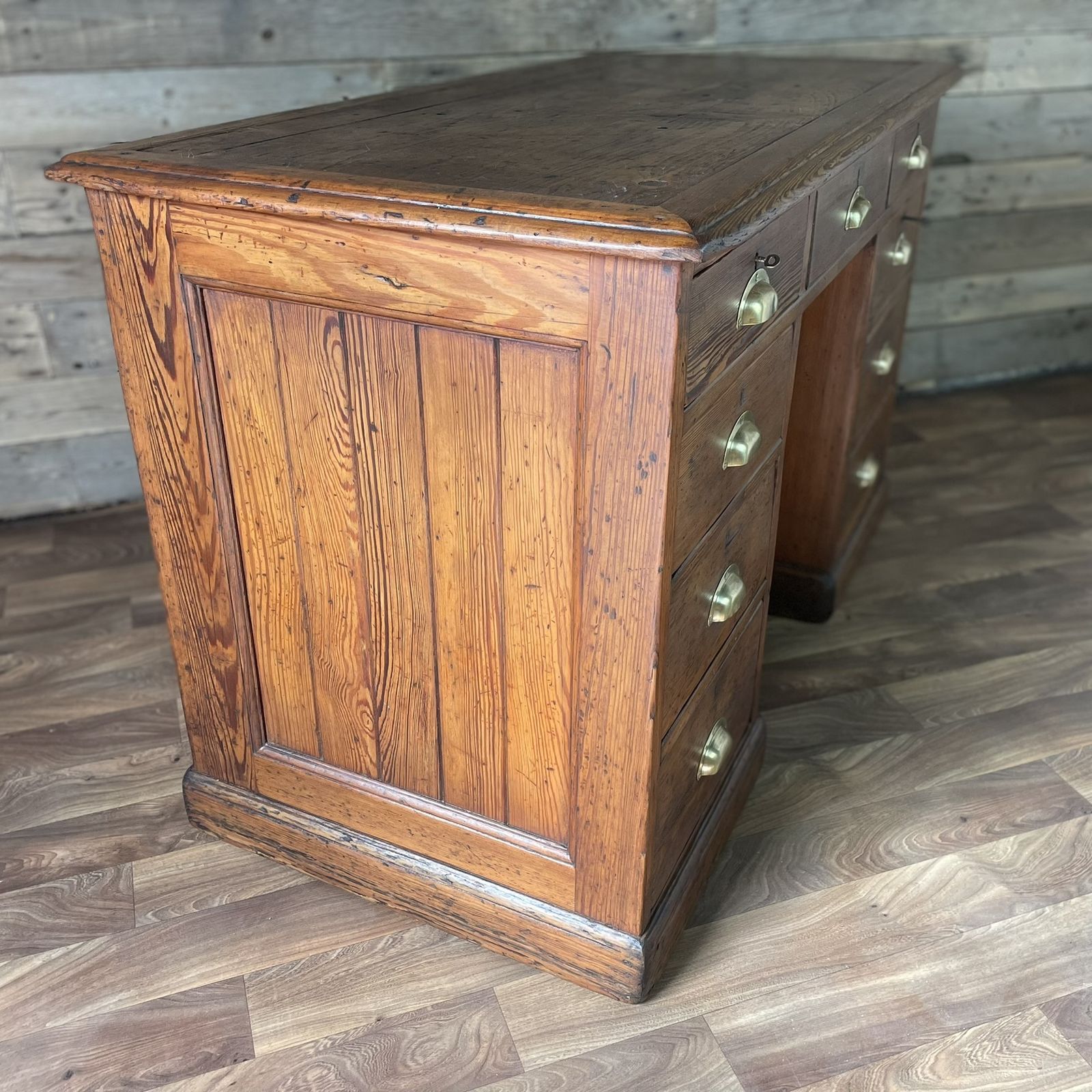 Furniture Antique Pitch Pine Panelled Headmasters School Desk 9 Drawers 2 Keys photo