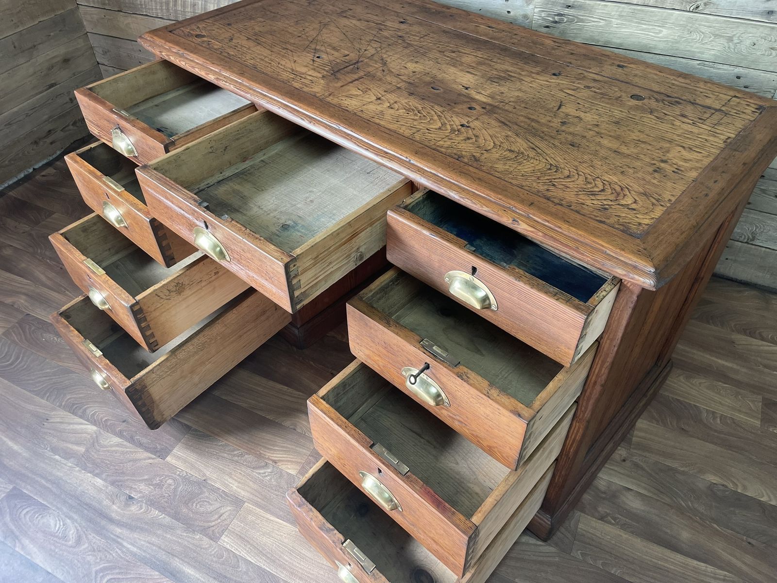 photo buy Antique Pitch Pine Panelled Headmasters School Desk 9 Drawers 2 Keys