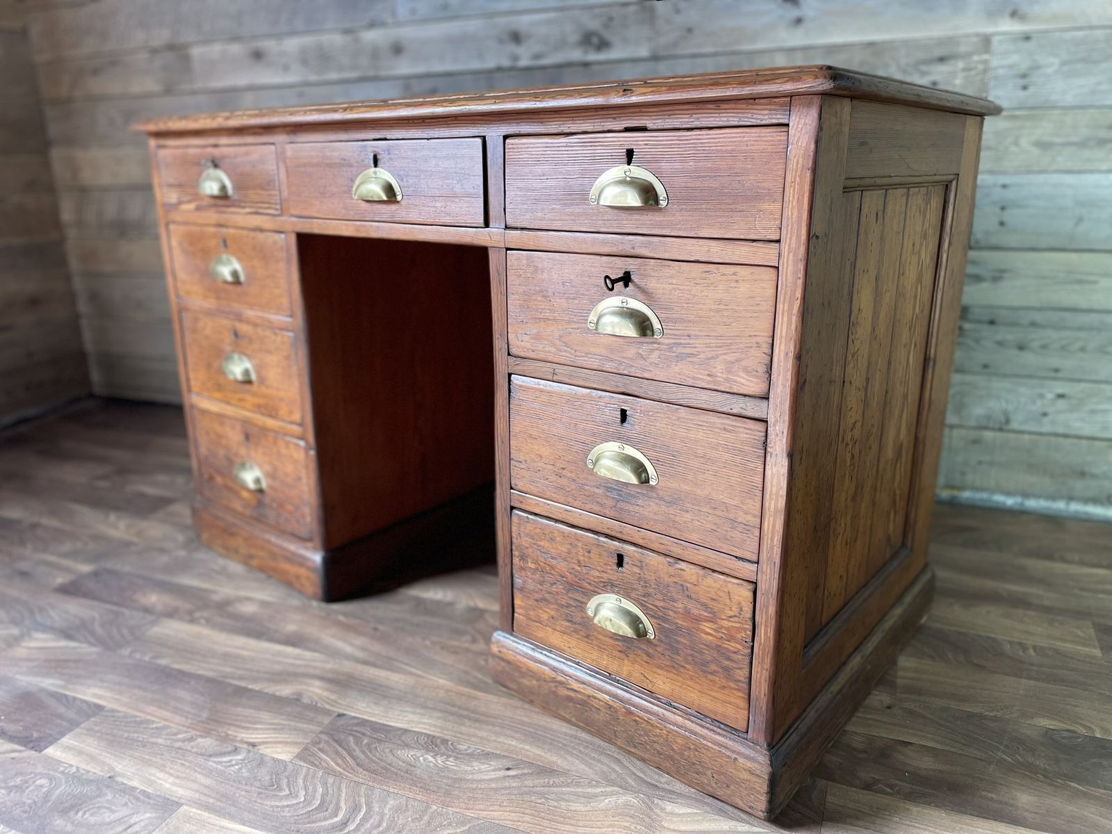 Antique Pitch Pine Panelled Headmasters School Desk 9 Drawers 2 Keys photo vinterior