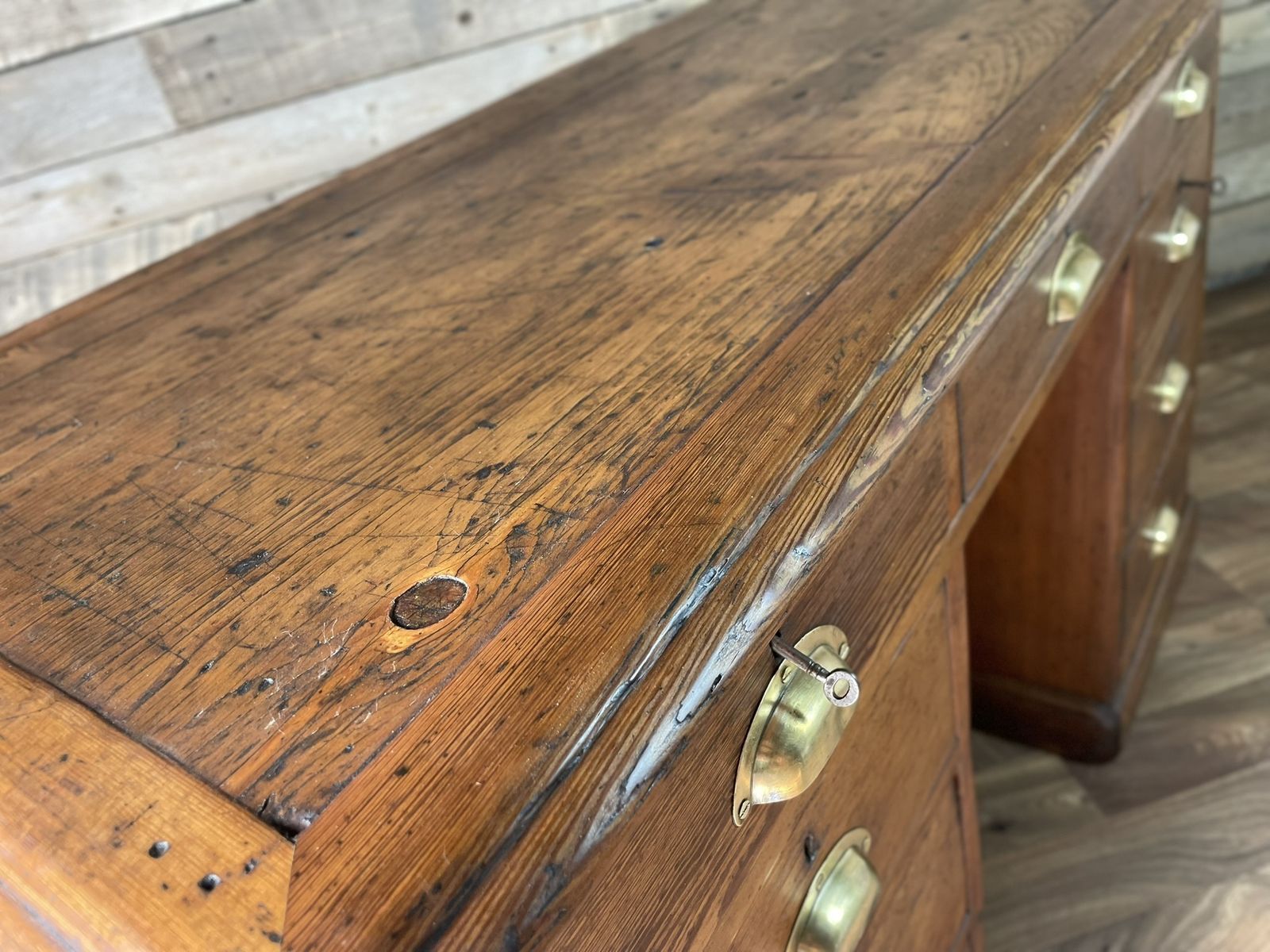 Antique Pitch Pine Panelled Headmasters School Desk 9 Drawers 2 Keys photo Furniture