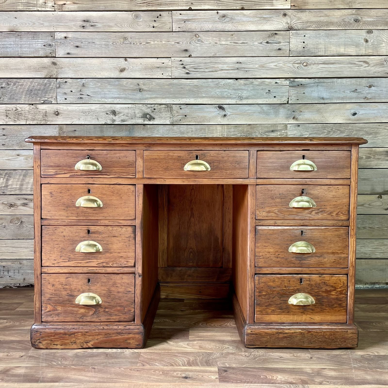 Antique Pitch Pine Panelled Headmasters School Desk 9 Drawers 2 Keys