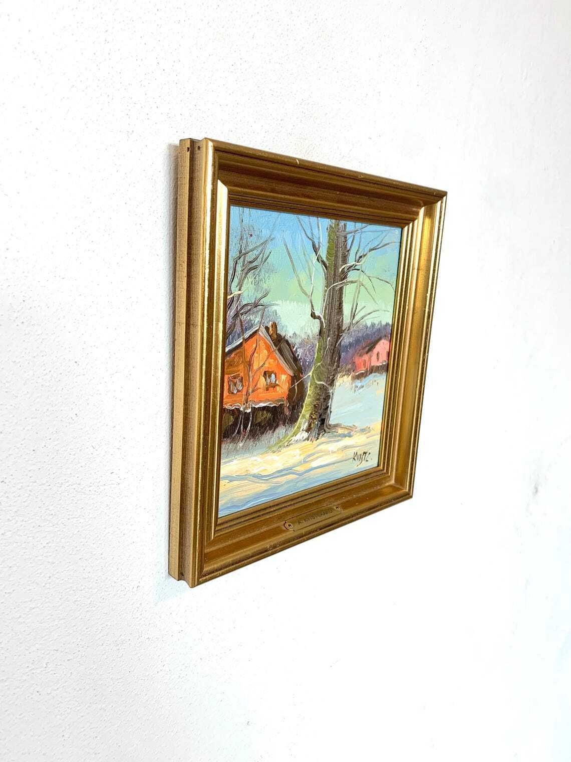 Original Vintage Danish Signed Oil On Plate Painting With Two Houses In A Rural Winter Landscape photo for sale
