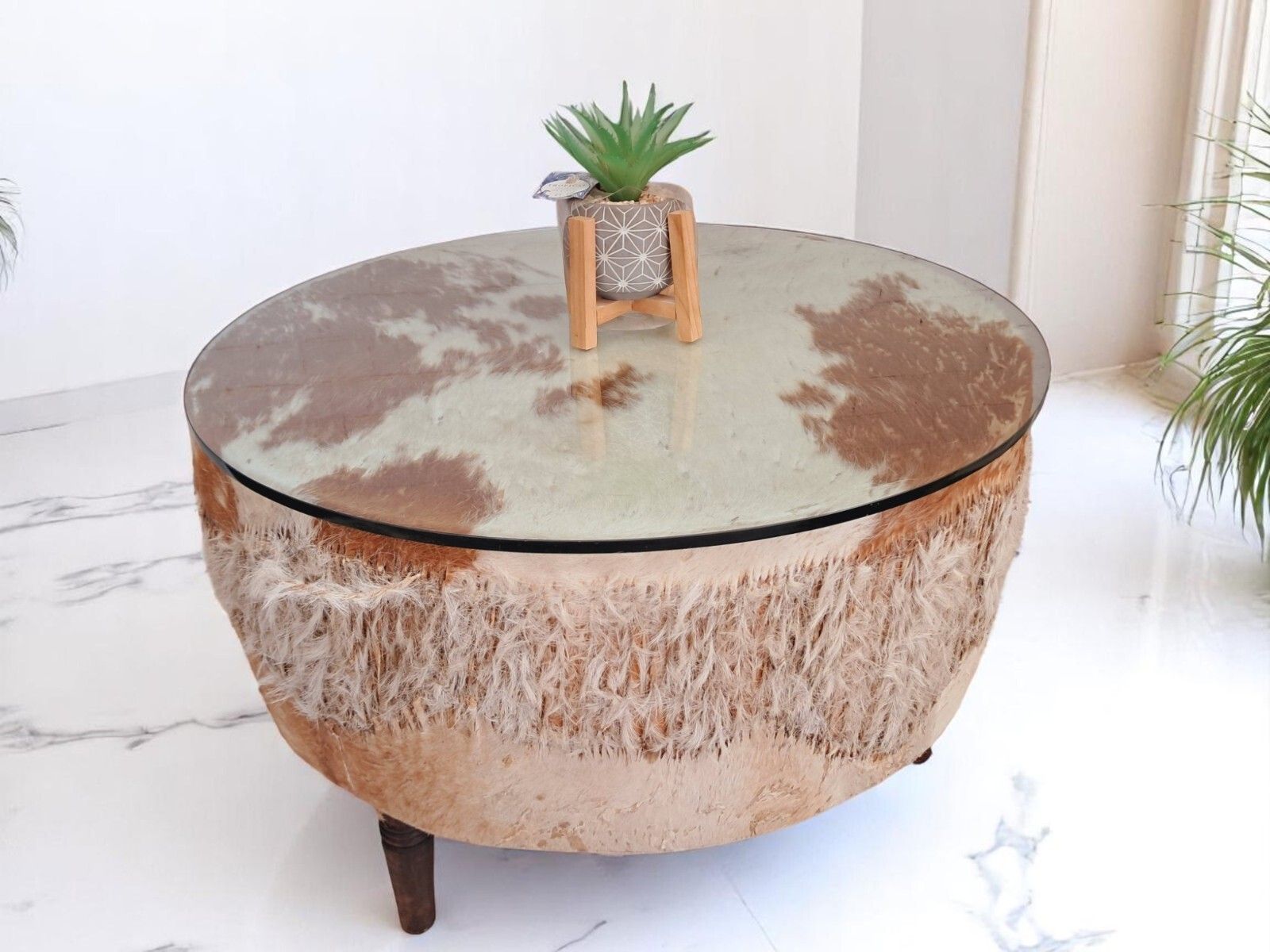 Vintage African Drum Coffee Table Cowhide Table Glass Top Large 1960