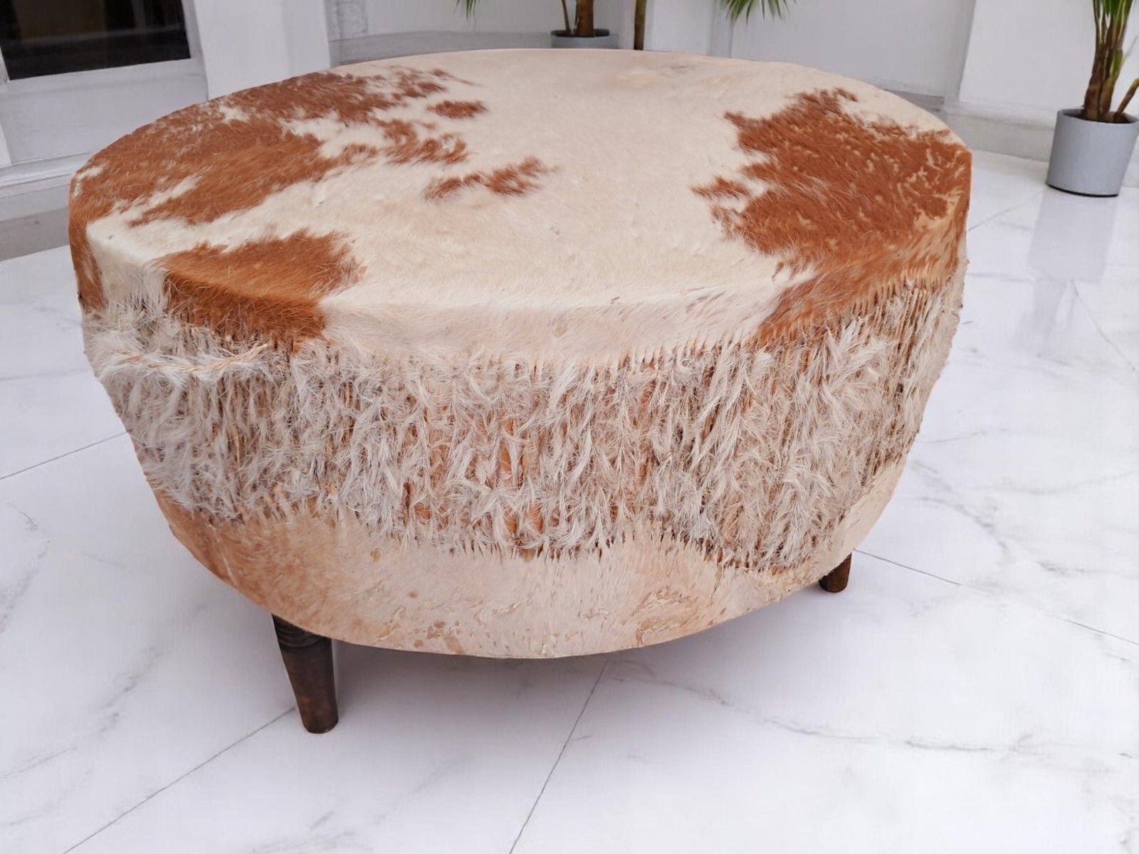 550.0 Vintage African Drum Coffee Table Cowhide Table Glass Top Large 1960 photo