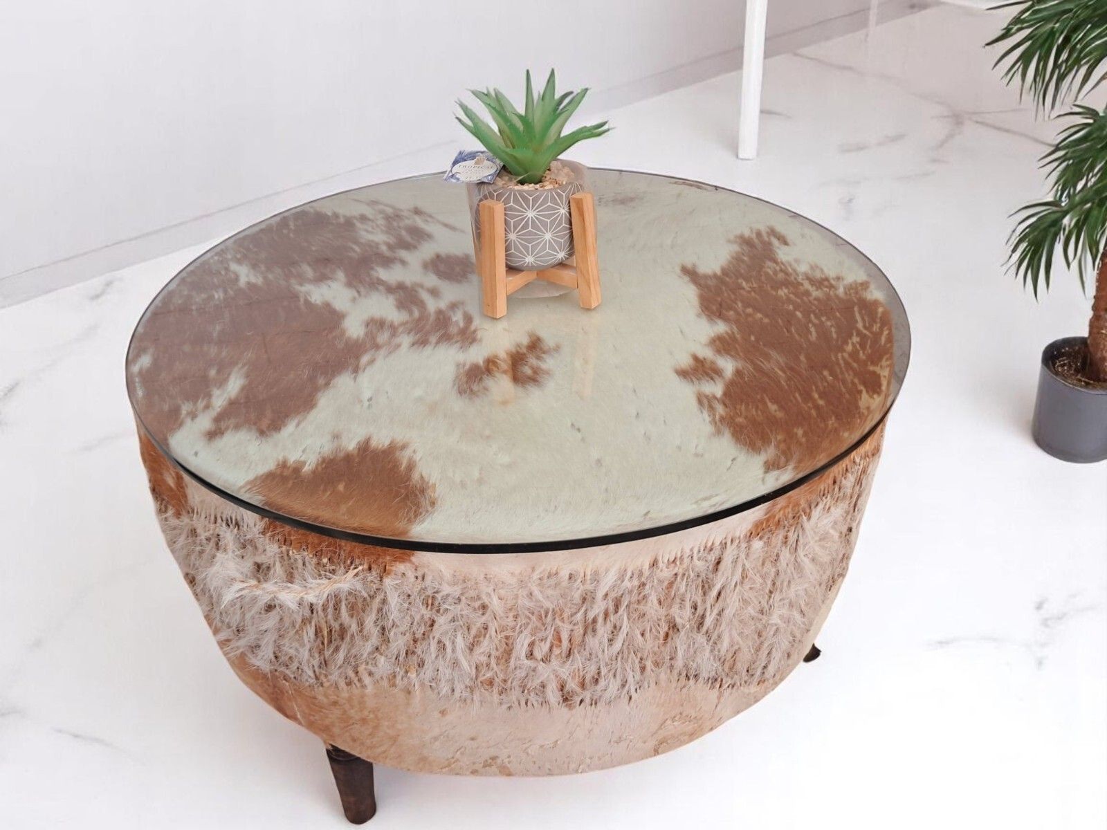 photo buy Vintage African Drum Coffee Table Cowhide Table Glass Top Large 1960