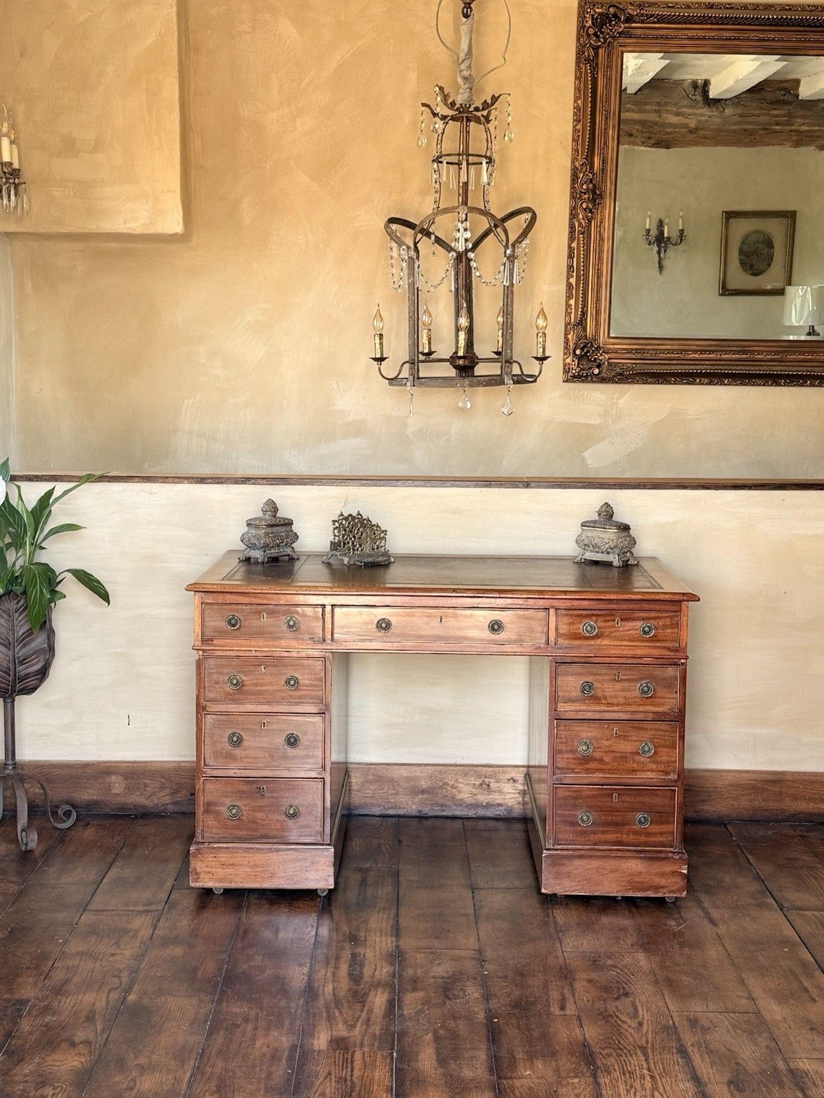 Fine Original Georgian Antique Brown Leather Writing Pedestal Desk Circa 1800's photo for sale