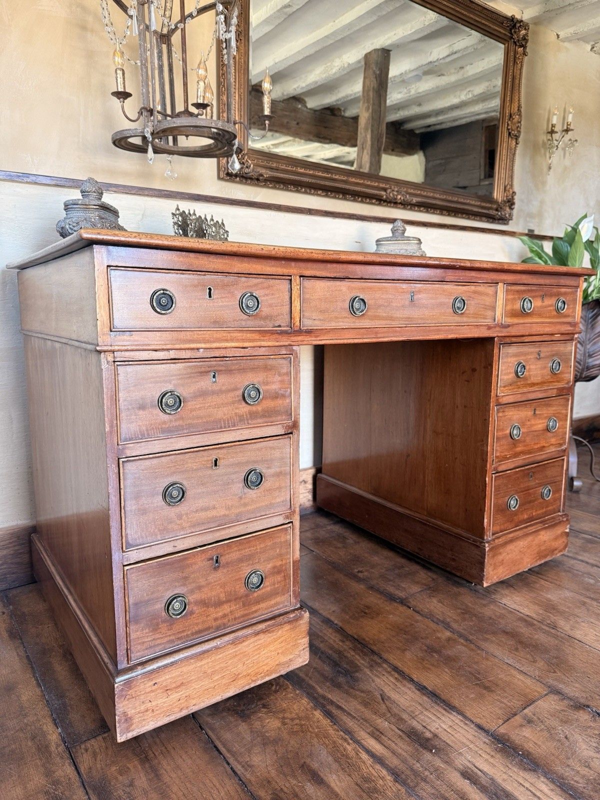 Fine Original Georgian Antique Brown Leather Writing Pedestal Desk Circa 1800's photo Furniture