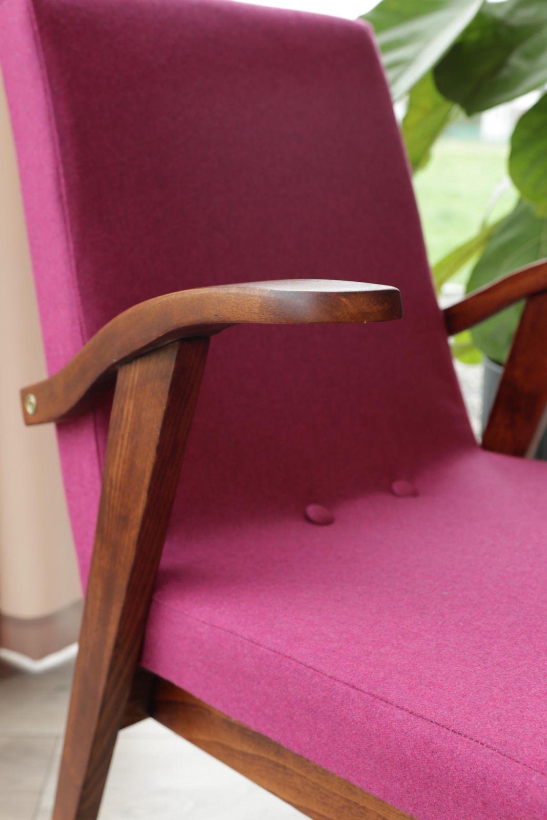 Vintage Wool Fuchsia Armchair Full Refurbished Designed By Puchała, 1960, Poland photo vintage