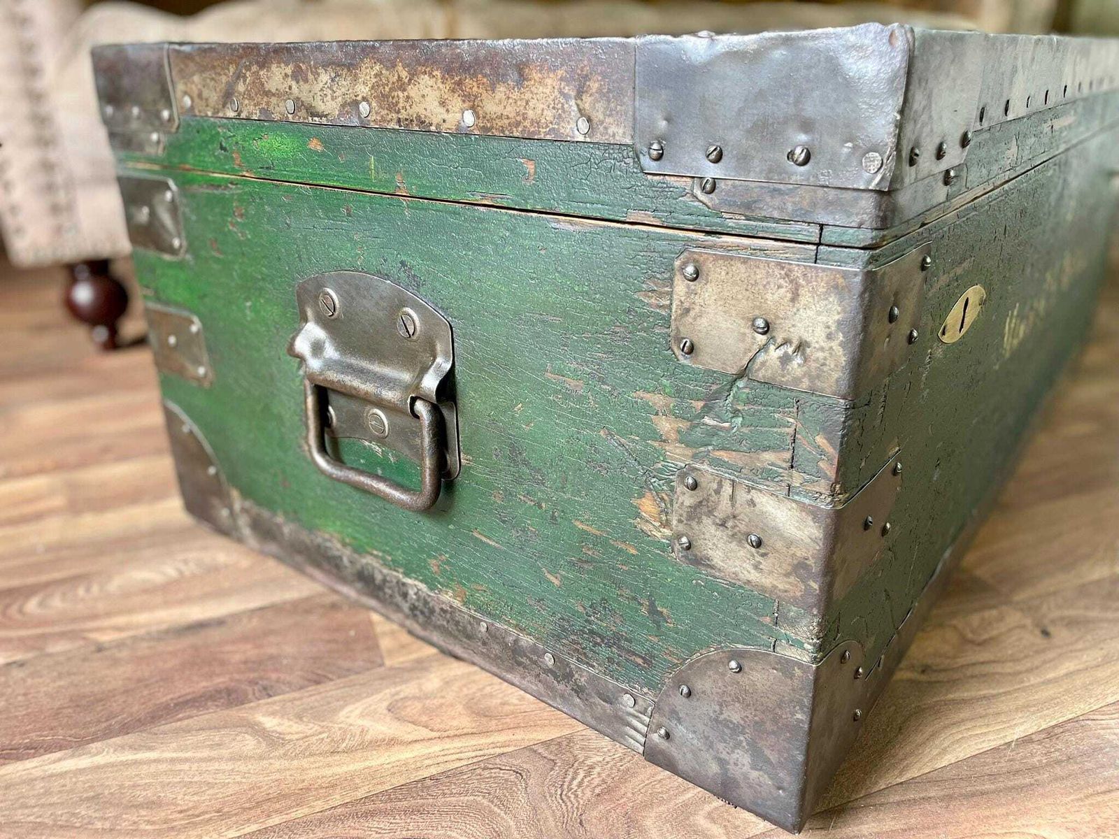 Antique Military Trunk, Storage Chest, Coffee Table Trunk & Key photo vinterior