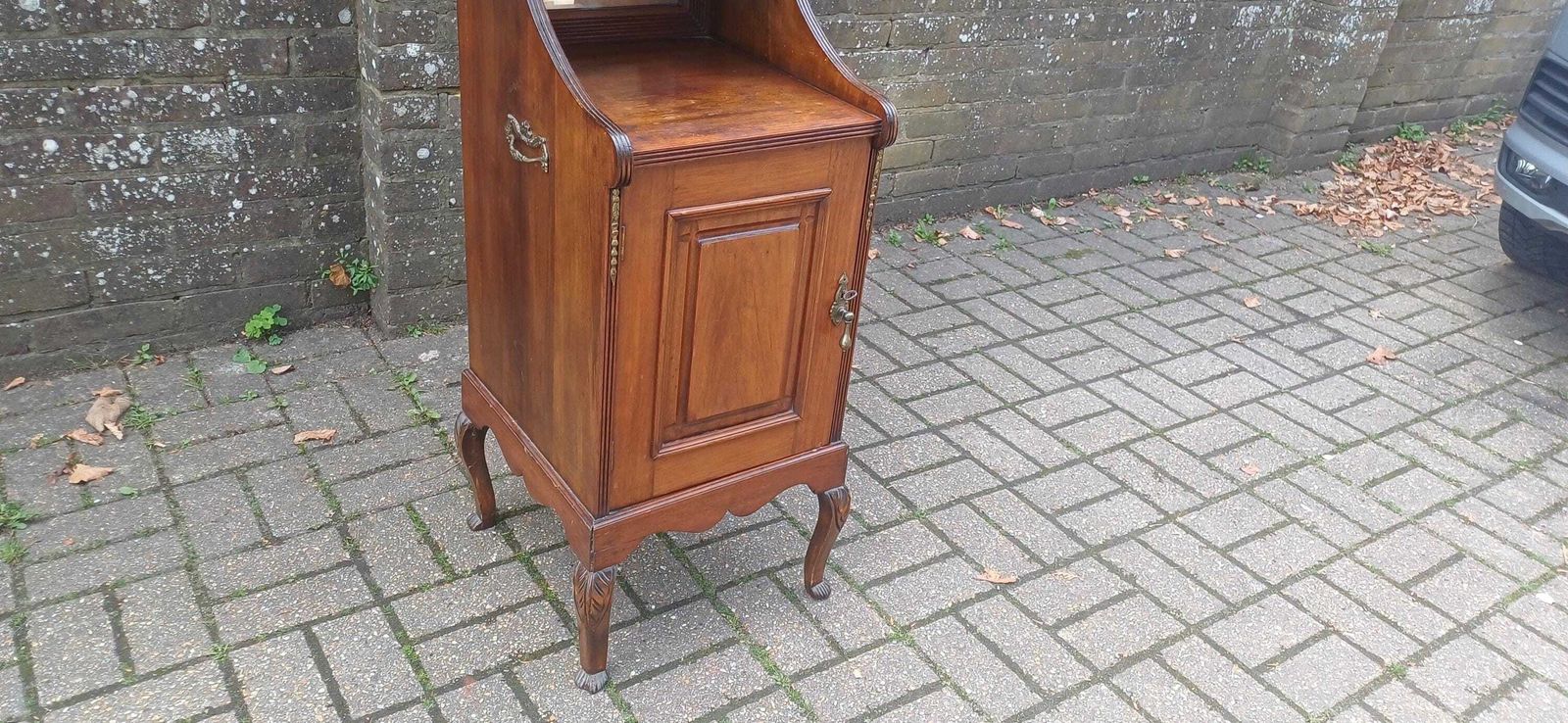 photo for sale Victorian Mahogany Music Cabinet Narrow Ornate Antique Storage With Brass Details & Mirror