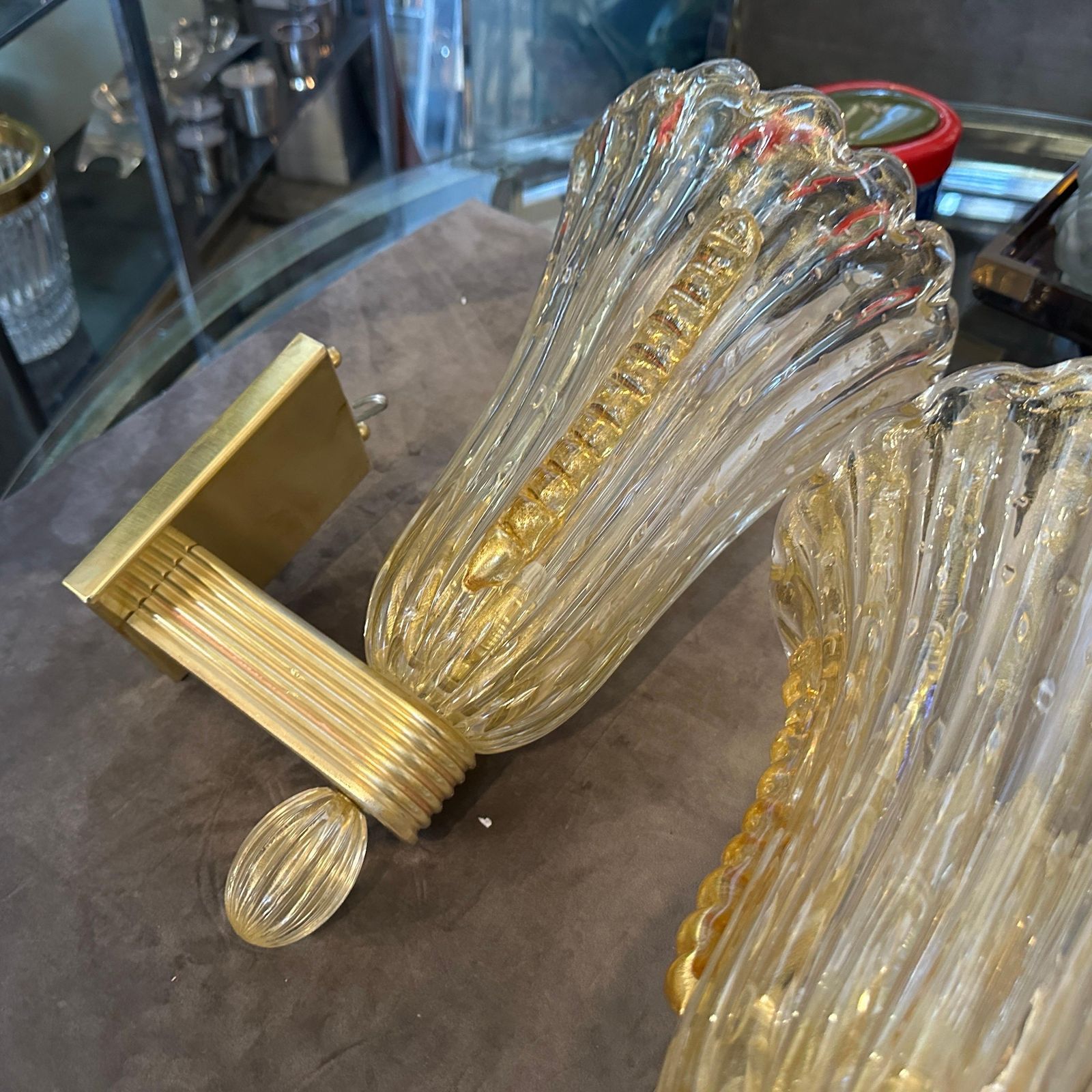 21st Century Barovier Style Modern Amber Murano Glass And Brass Wall Sconces photo Lighting