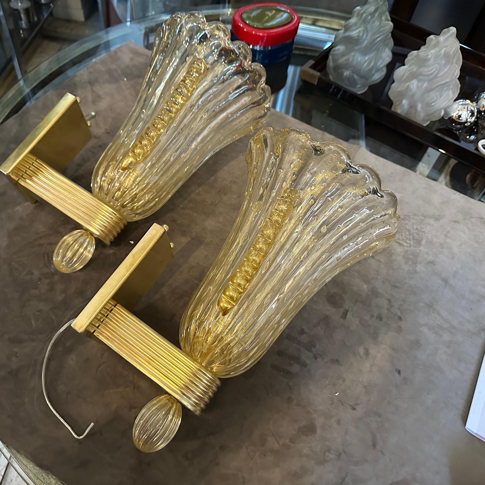3582.0 21st Century Barovier Style Modern Amber Murano Glass And Brass Wall Sconces photo