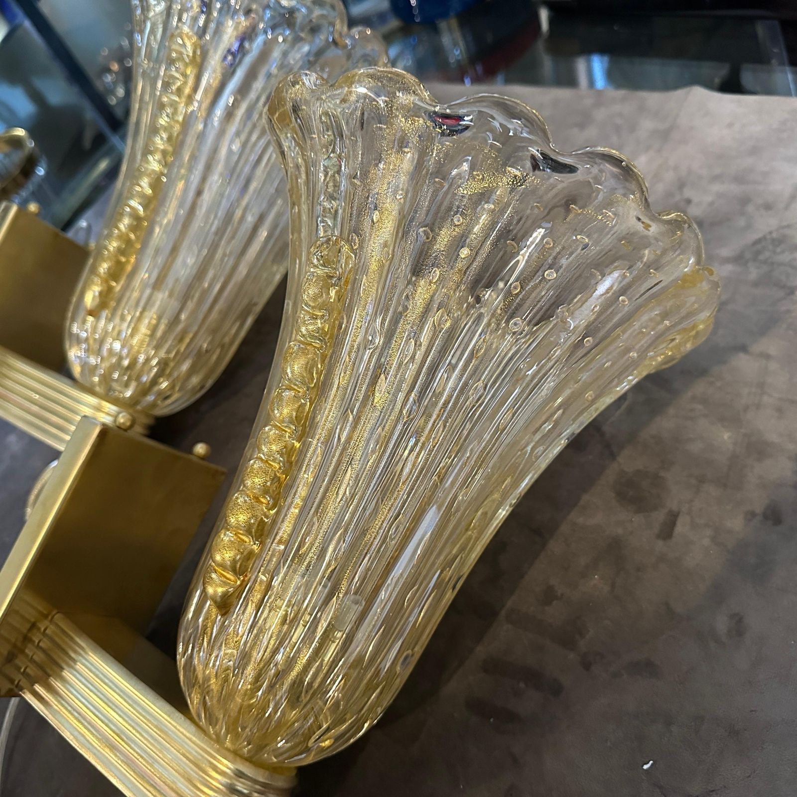 photo buy 21st Century Barovier Style Modern Amber Murano Glass And Brass Wall Sconces